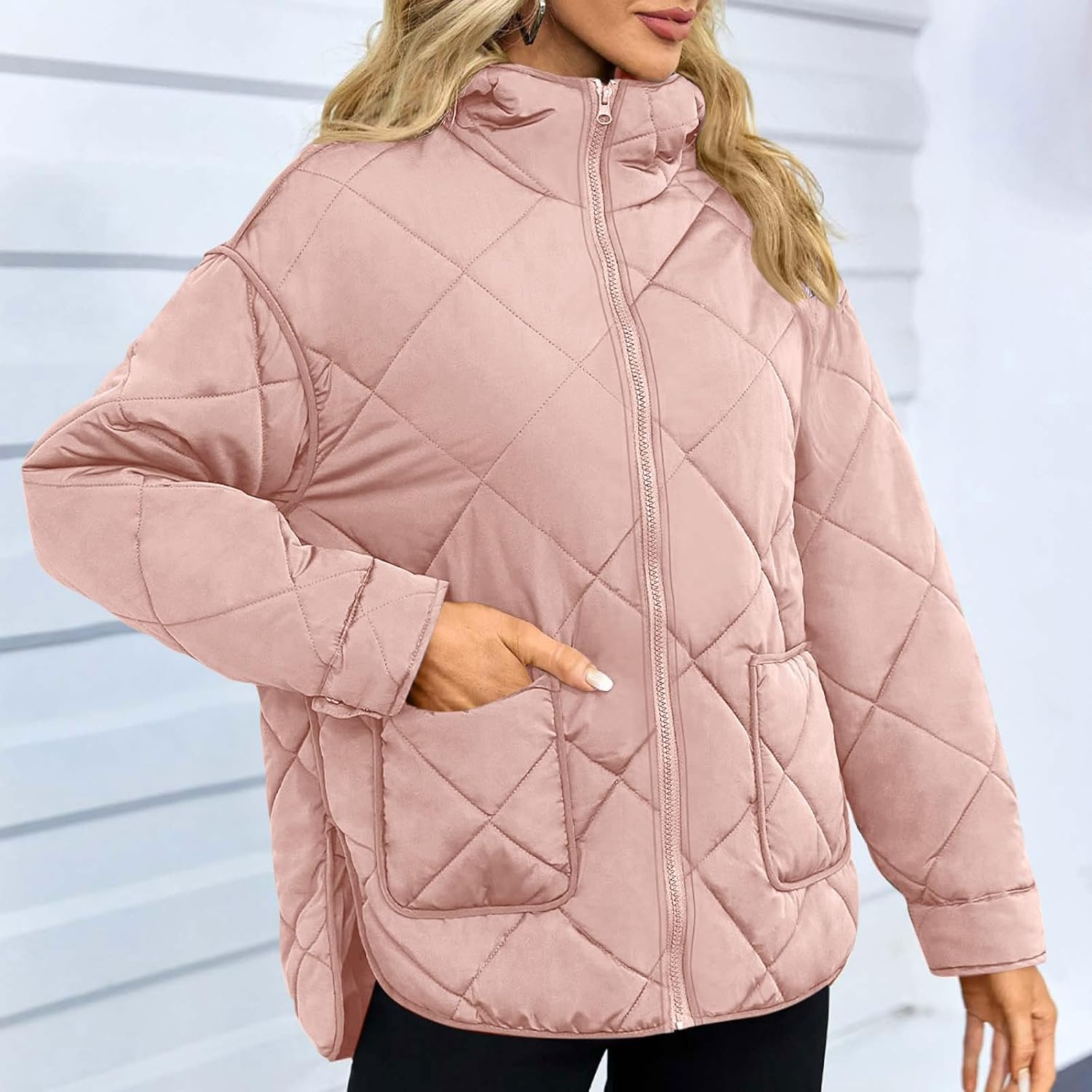 Womens Quilted Puffer Jacket Hooded Long Sleeve Full Zip up Winter Coat Lightweight Warm Business Jackets with Pocket