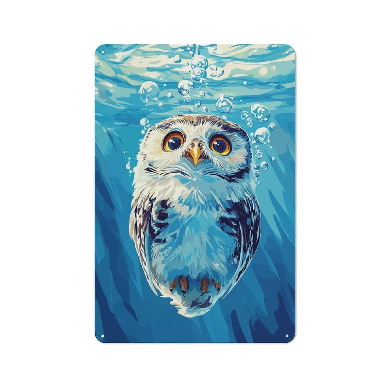 Garage Style Underwater Owl Illustration Decorative Metal Plaque 30x20cm, Garage Wall Decor for Workshop, Basement, Shed Or Games Room