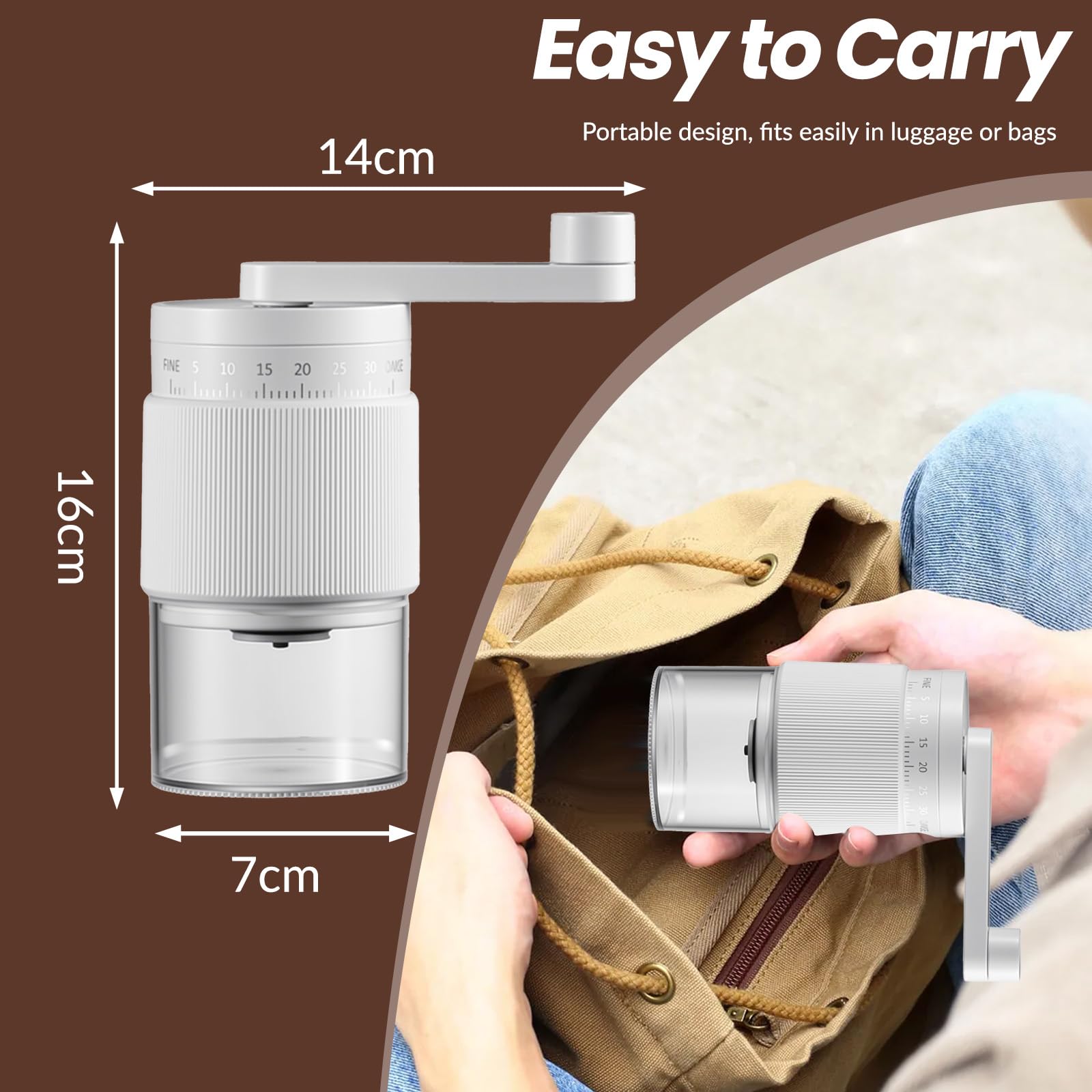 Macinacaffè Manuale Esterno Regolabile, 35 Impostazioni Regolabilie, Macina Caffè Manuale Portatile con Macine in Ceramica Resistenti per Viaggi, Campeggio, Ufficio, Espresso, Caffè Filtrato (Bianco)