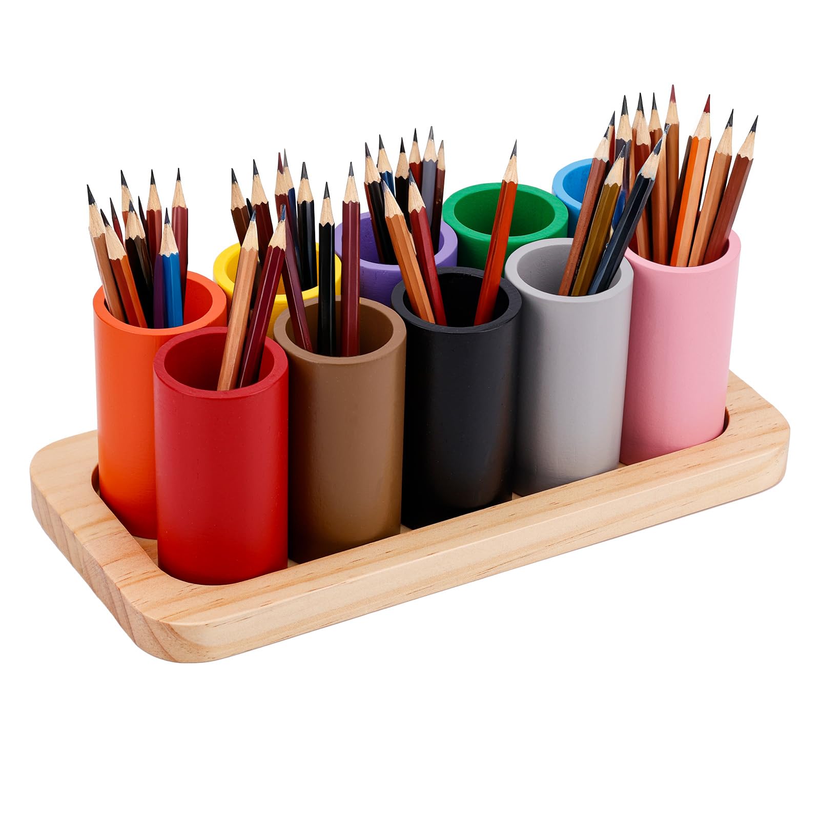 Bois Porte Crayons de Couleur, Crayon Rangement Organisateur avec 10 Amovible Compartiments Tasse Stylo Support pour Enfants Bureau Maison École Fourniture