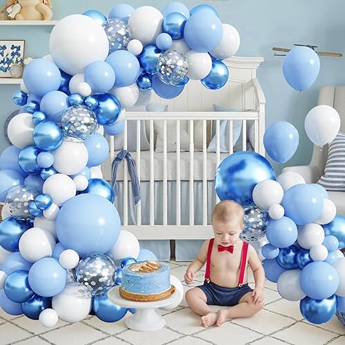Vista 110 de Kit de arco de globos azules, 107 piezas de globos azul marino y dorado con globos de confeti dorado metálico, globos de fiesta de cumpleaños azul