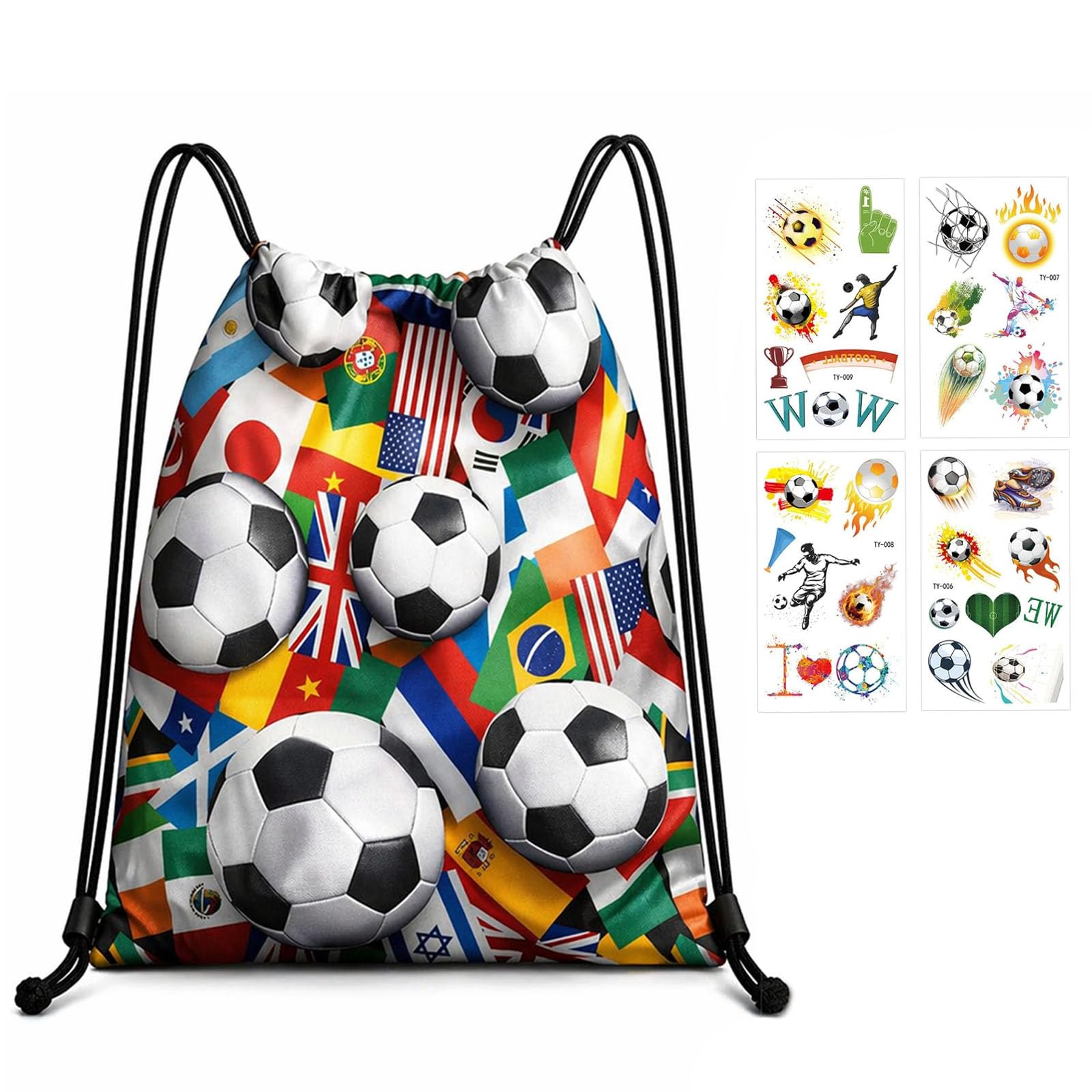 World Cup Football 2026 Drawstring Bag And World Cup 2026 Tattoos - 2pc World Cup Supporter Fan Gear For Boys Girls, Multi-Nation Flag Backpack & Stadium Accessory Set