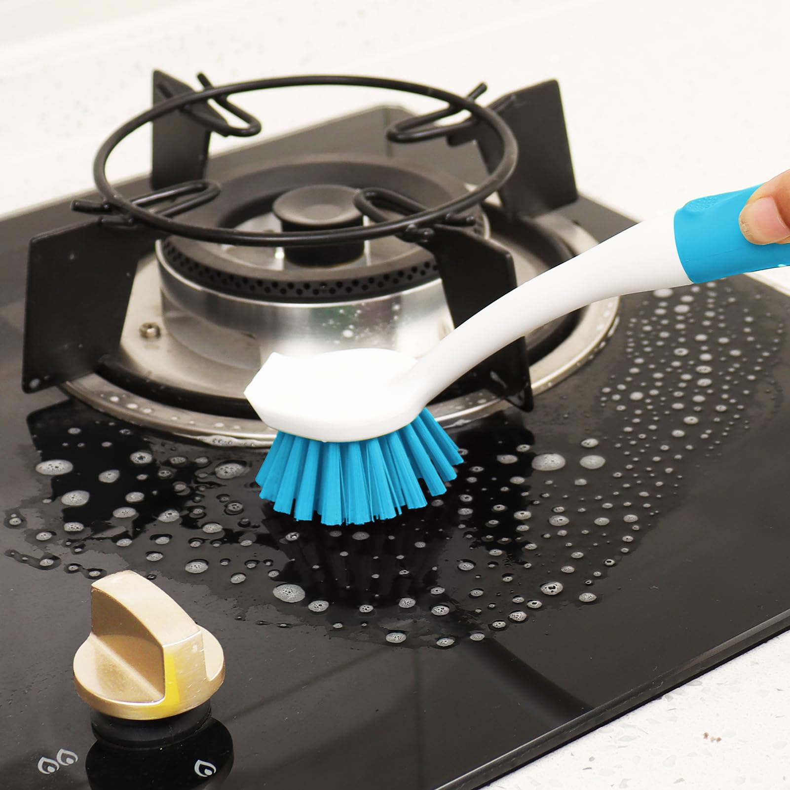 Cepillo para platos con asa, paquete de 2 cepillos para fregar, color azul | Raspador integrado, para limpiar cocina, ollas, sartenes y fregaderos, herramientas de lavado de fregadero