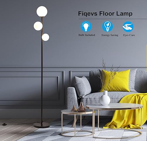 Miniatura 2 de Fiqevs Lámpara de pie moderna de mediados de siglo con 3 globos, 3 bombillas LED de 800 lm incluidas, lámpara de pie negro mate con pantalla de