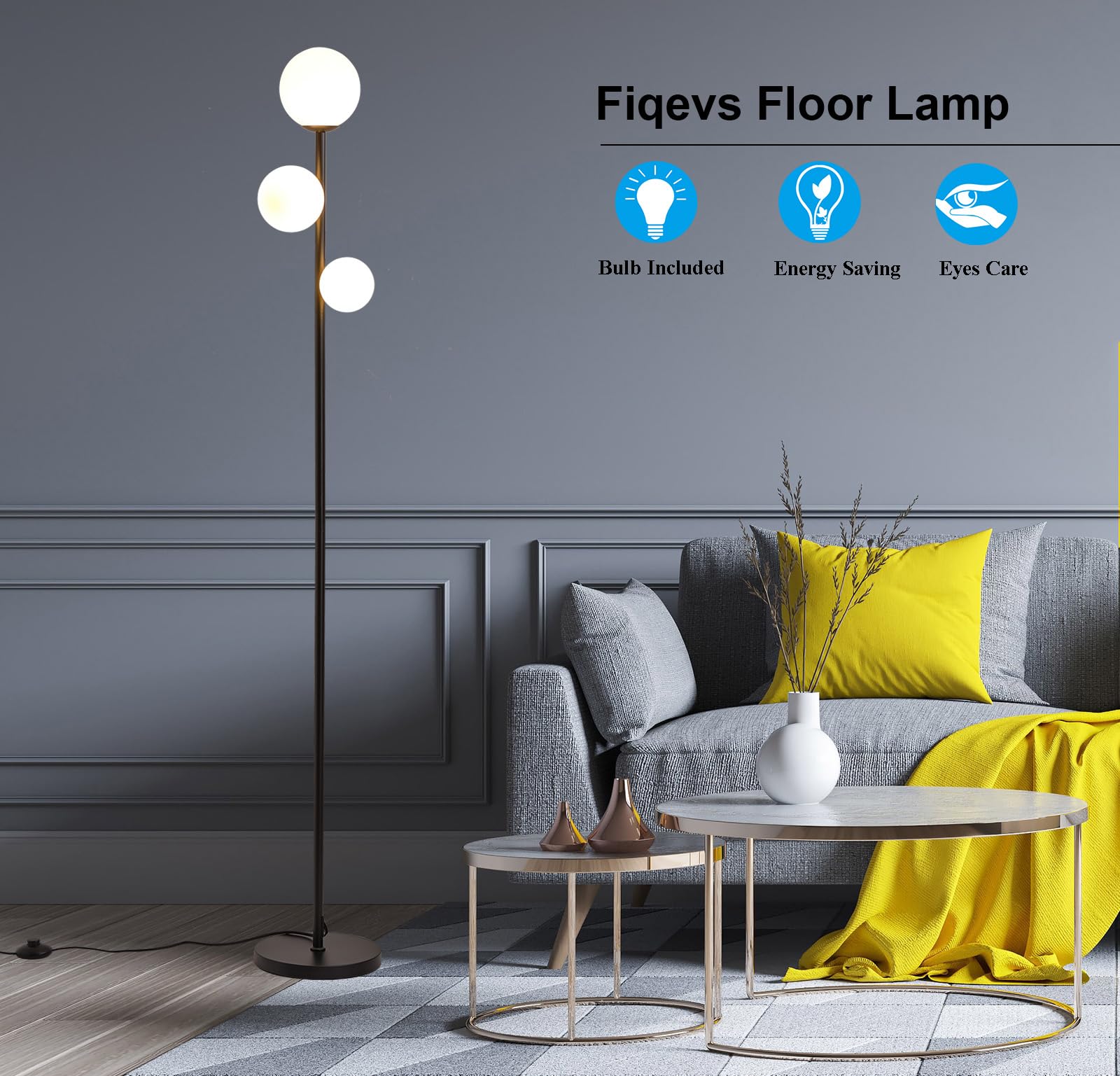 LED Floor Lamp Contemporary Frosted Glass Globe Lamp with 3-Lights 