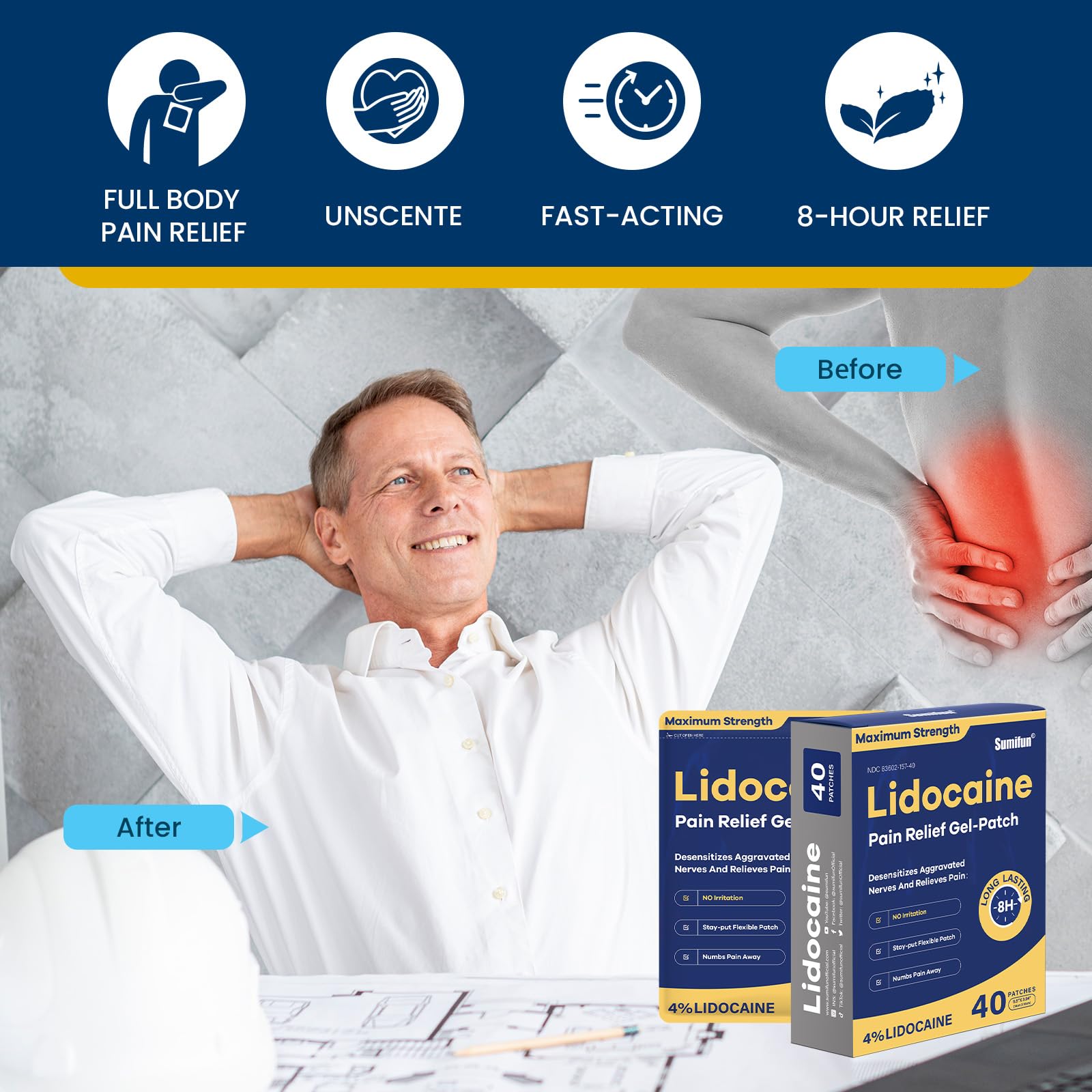 Sumifun 4% Lidocaine Patches, Pain Relief for Back, Shoulder, Neck, 40 Ct — Amazon image 3