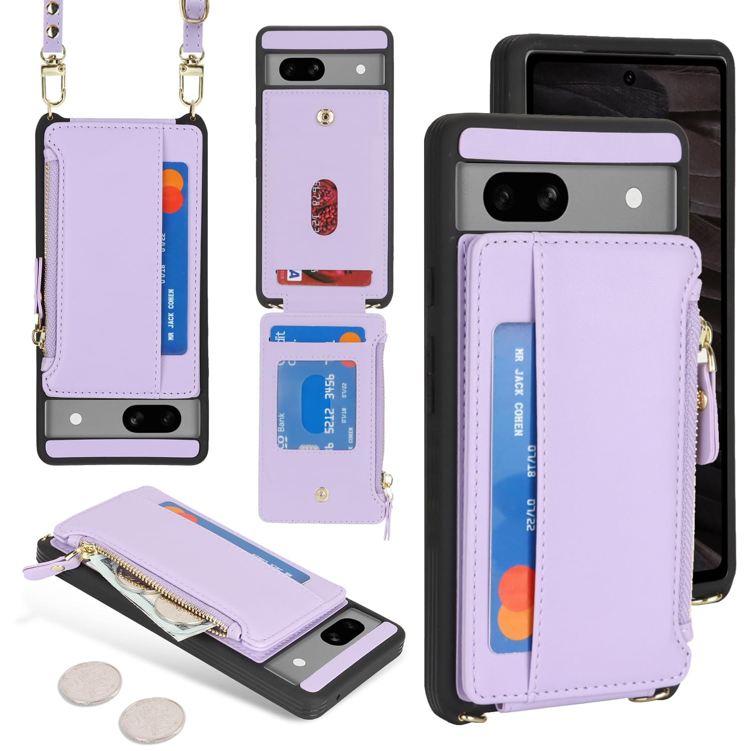 SailorTech for Google Pixel 7a Phone Case with Credit Card Holder for Women Google Pixel 7a Leather Case Wallet Crossbody with Card Slots Zipper Shockproof Case for Men-Purple - Image 3