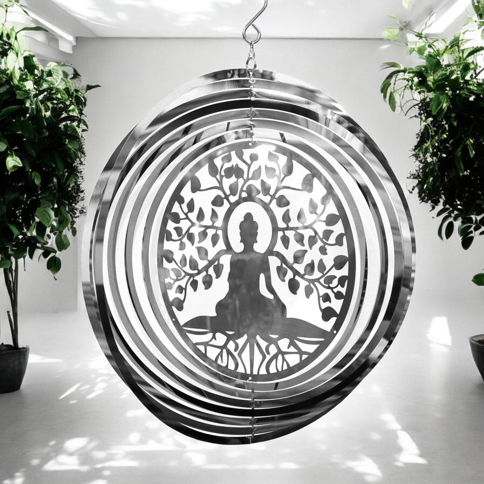 Epsom Door Handle Buddha Stainless Steel Hanging Wind Spinner 34cm X 25cm 3D Metal Kinetic Garden Ornament Outdoor Meditation Décor