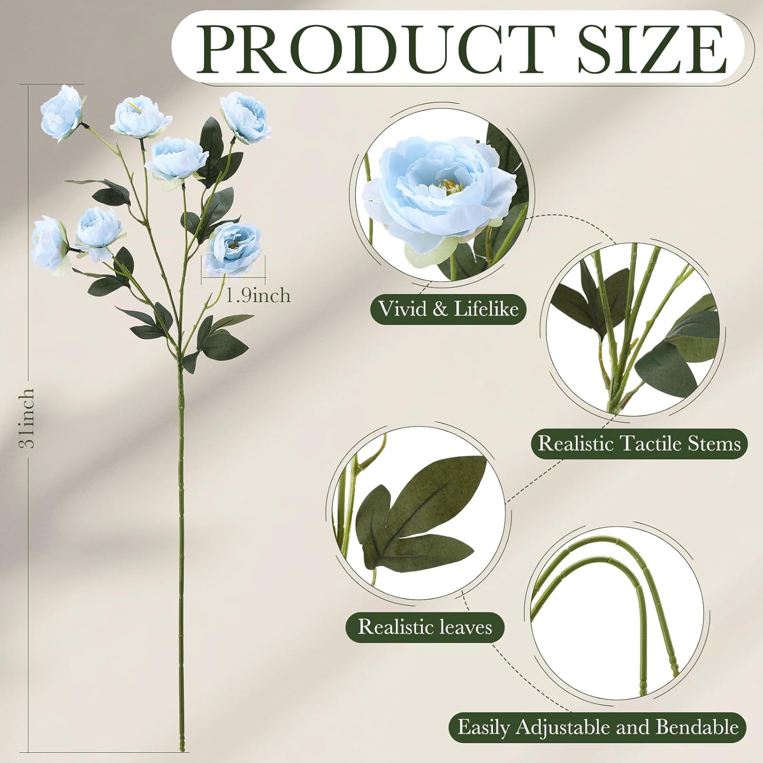 6 Pcs 32" Artificial Peonies Flowers for Vase(Vase Not Included)-7 Silk Heads Faux Peony, Fake Long Stem Flowers for DIY Bouquets Wedding Centerpieces Decor (Light Blue)