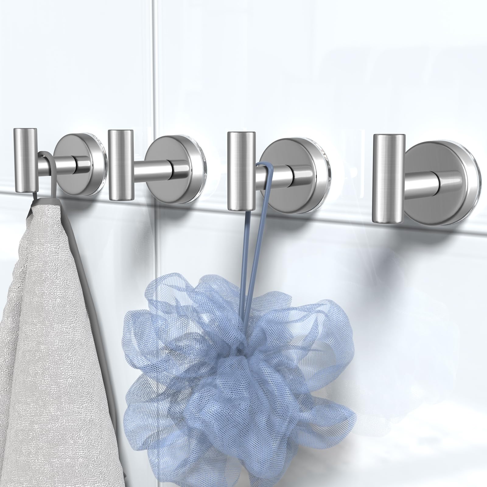 PMMASTO Ganchos con ventosa para ducha, ganchos de baño de acero inoxidable para colgar toallas, lufa, abrigos, albornoz, baño, cocina, puerta de cristal, espejo, azulejos (forma de T plateada,