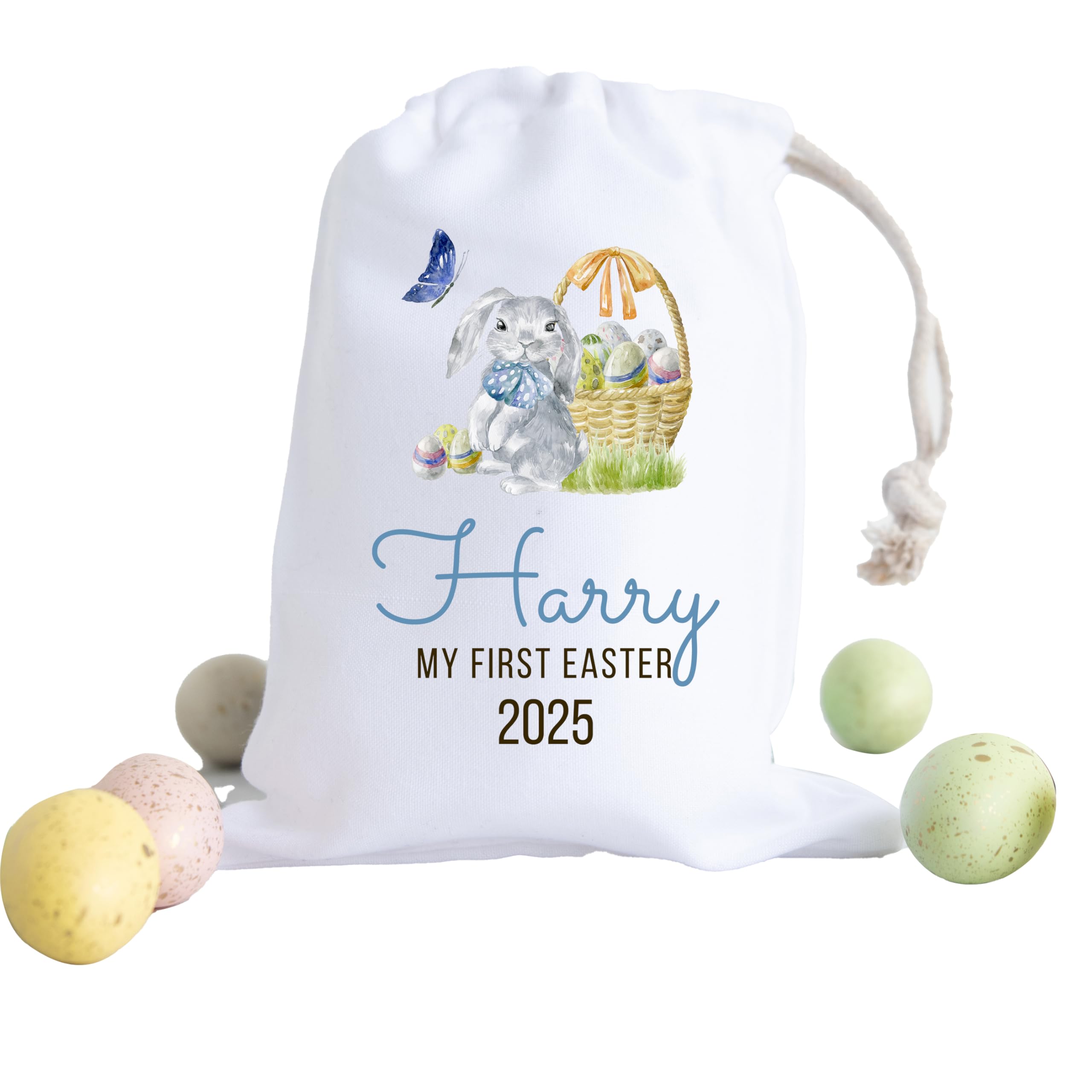 Pomchick | Personalised First Easter Drawstring Bag Custom Name Bunny Egg Hunt Treat Sack