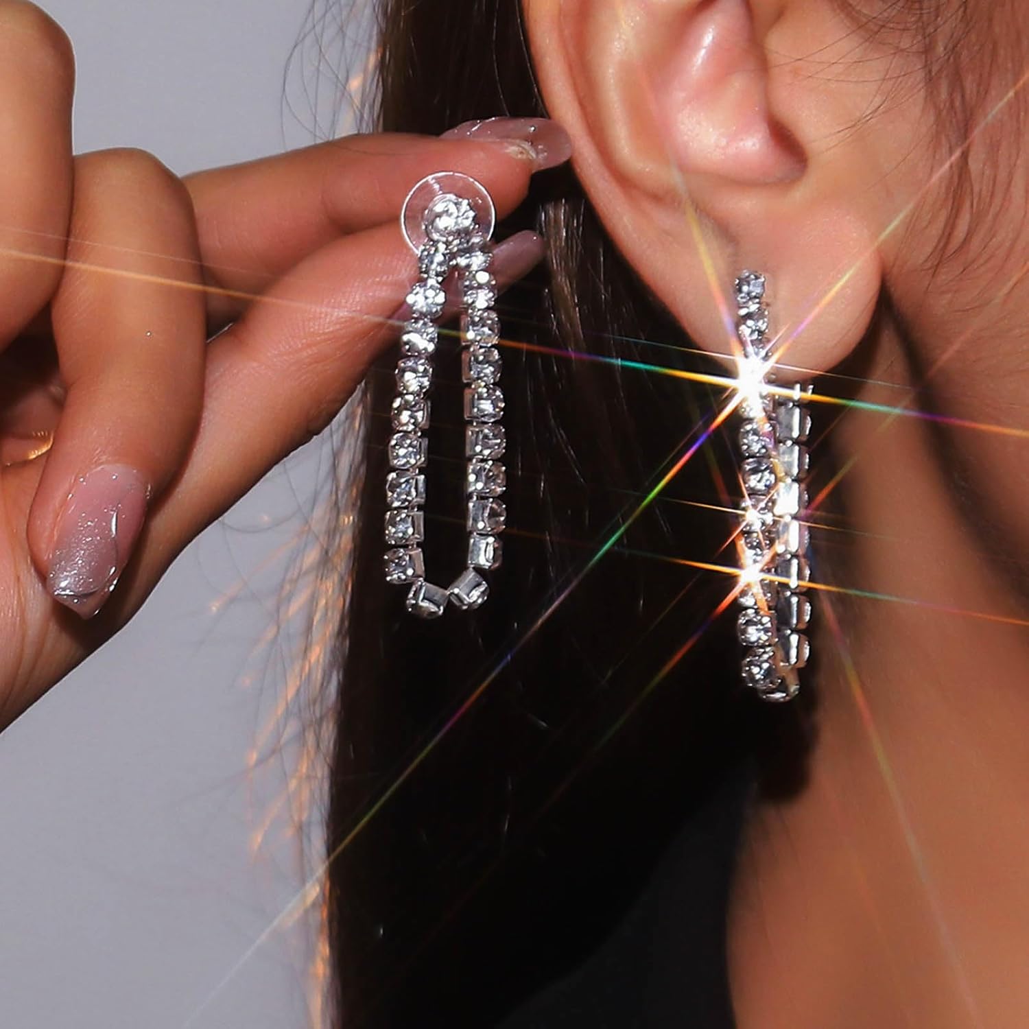 Vintage Hollow Teardrop Rhinestone Earrings Gold Oval Cz Tennis Chain Earrings Waterdrop Crystal Chain Dangle Earring Crystal Tassel Earring Jewelry for Women - Image 2