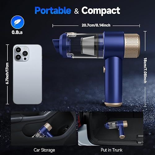 Miniatura 7 de Aspiradora de automóvil, 16000 PA, mini aspiradora inalámbrica potente, 7 en 1, aspiradora de mano portátil inalámbrica con luz LED, filtros duales,