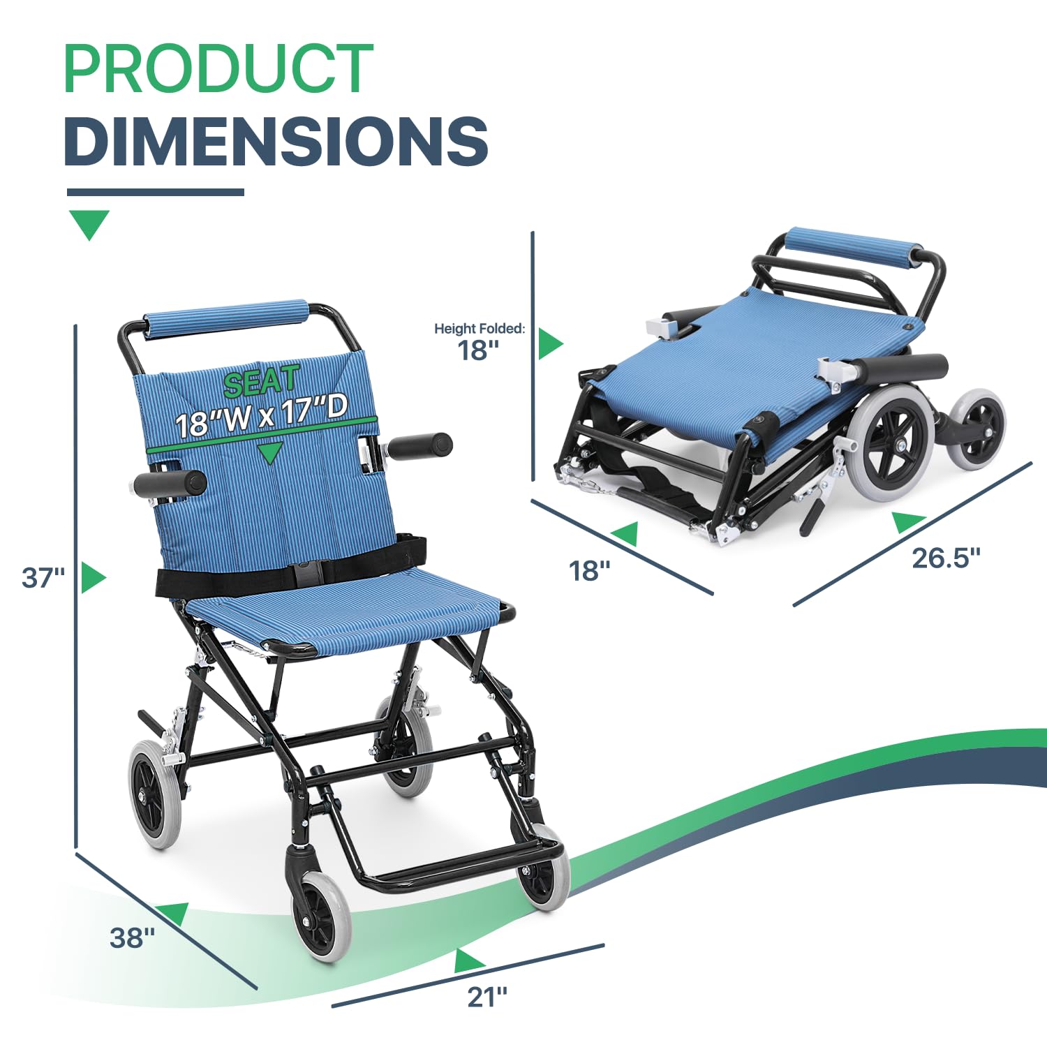 Magshion Silla de ruedas ligera de transporte con soporte de reposapiés de aluminio y reposabrazos abatible, resistente y plegable, silla de ruedas de asiento de 18 pulgadas de ancho para adultos,