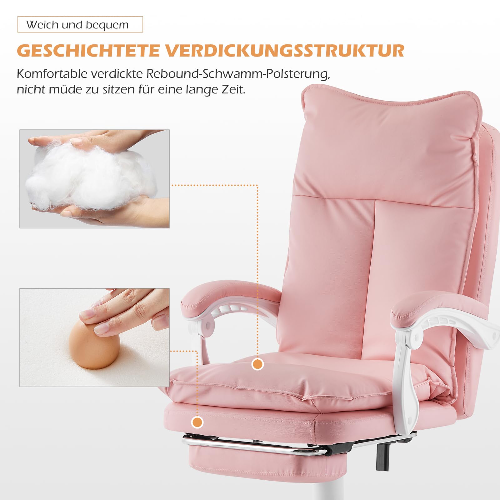 TUKAILAI Bürostuhl Ergonomisch aus Kunstleder, Schreibtischstuhl Drehstuhl Chefsessel Computerstuhl mit Verstellbarer Hoher,Rückenlehne,Gepolsterte Armlehne, Fußstütze,Höhenverstellbarer, Rosa