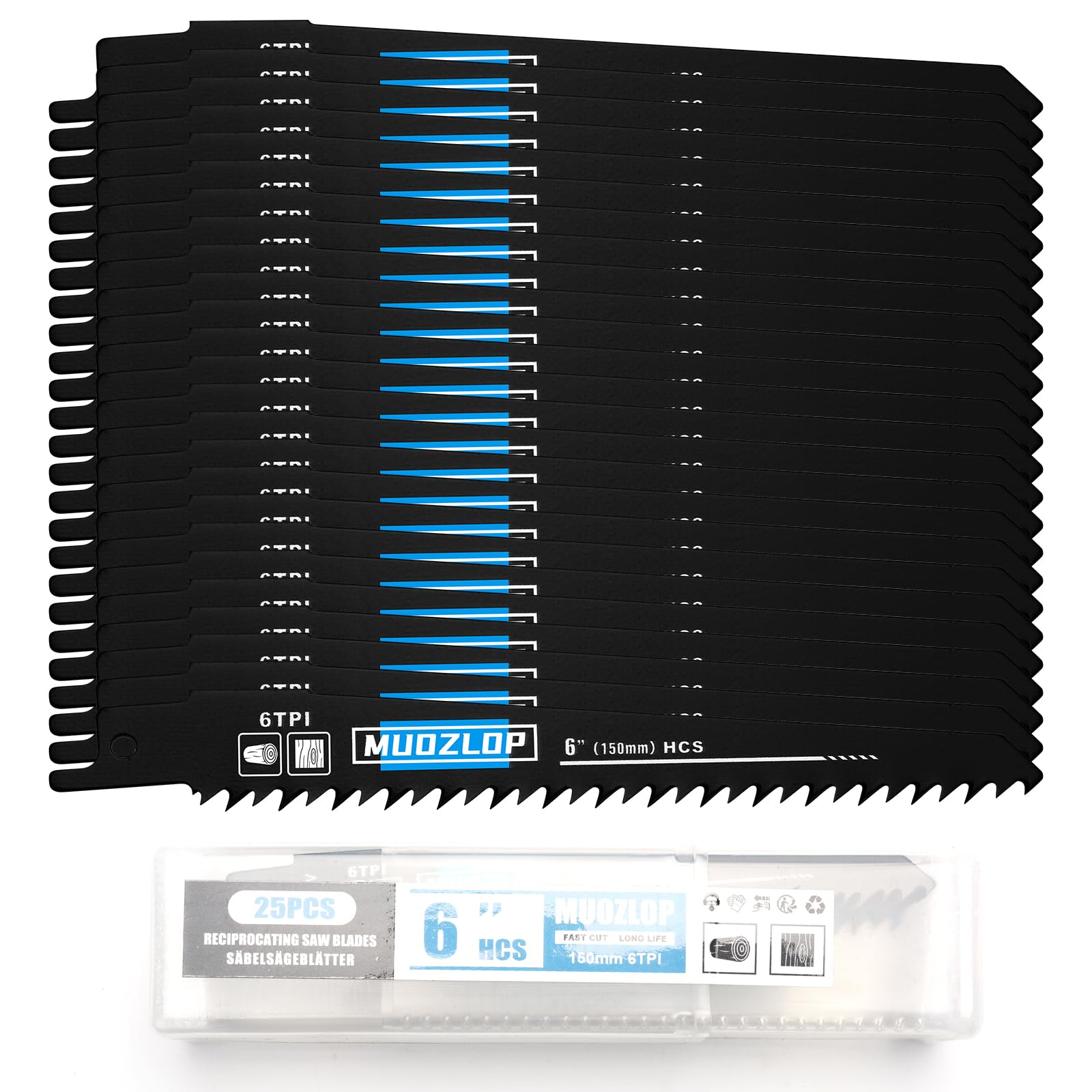 MUOZLOP 25 Pack 150mm Säbelsägeblätter Set，6 TPI Sägeblätter für Säbelsäge，für Holz Säbelsägeblätter (25, 6TPI,150mm)