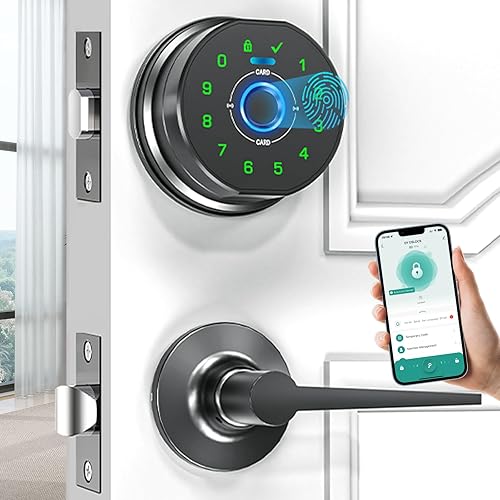 Cerradura de puerta de entrada sin llave con juego de manijas - Cerraduras inteligentes de huellas dactilares para puerta delantera con 2 manijas de