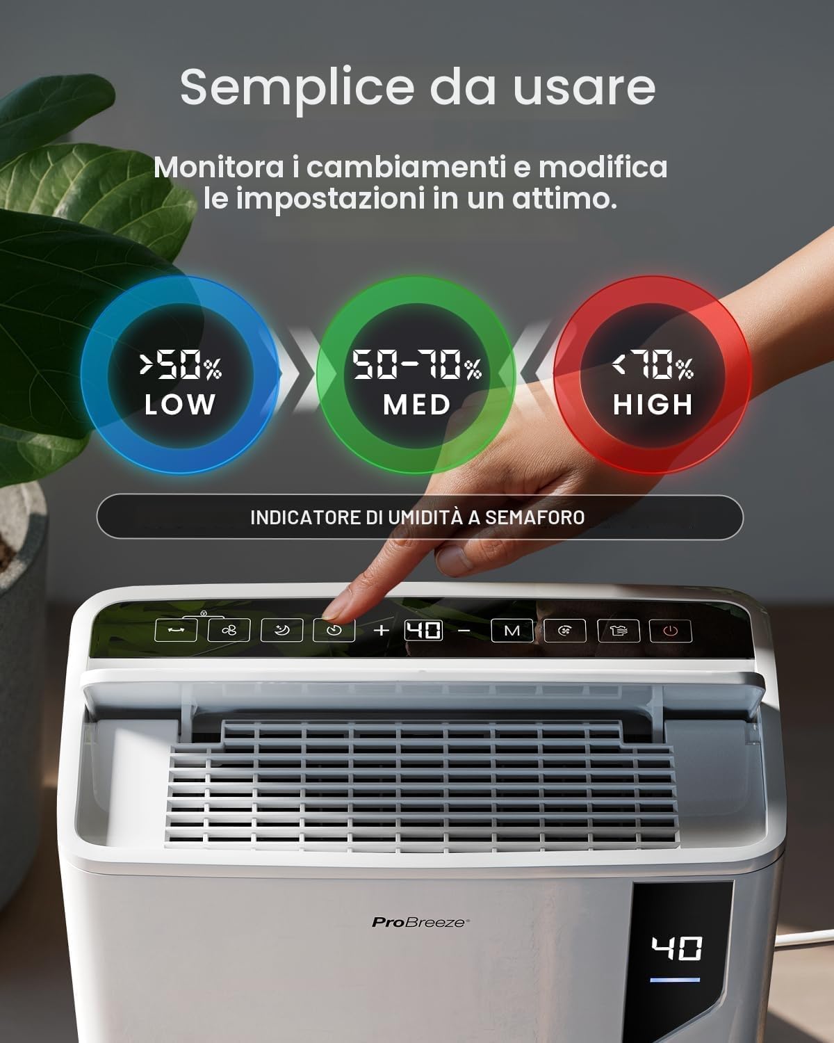 Pro Breeze® Deumidificatore Intelligente 20L/Die con Wi-Fi Sensore di Umidità Filtro a Carboni Attivi per Muffa e Umidità Modalità Bucato – per Casa Ufficio Camera da Letto