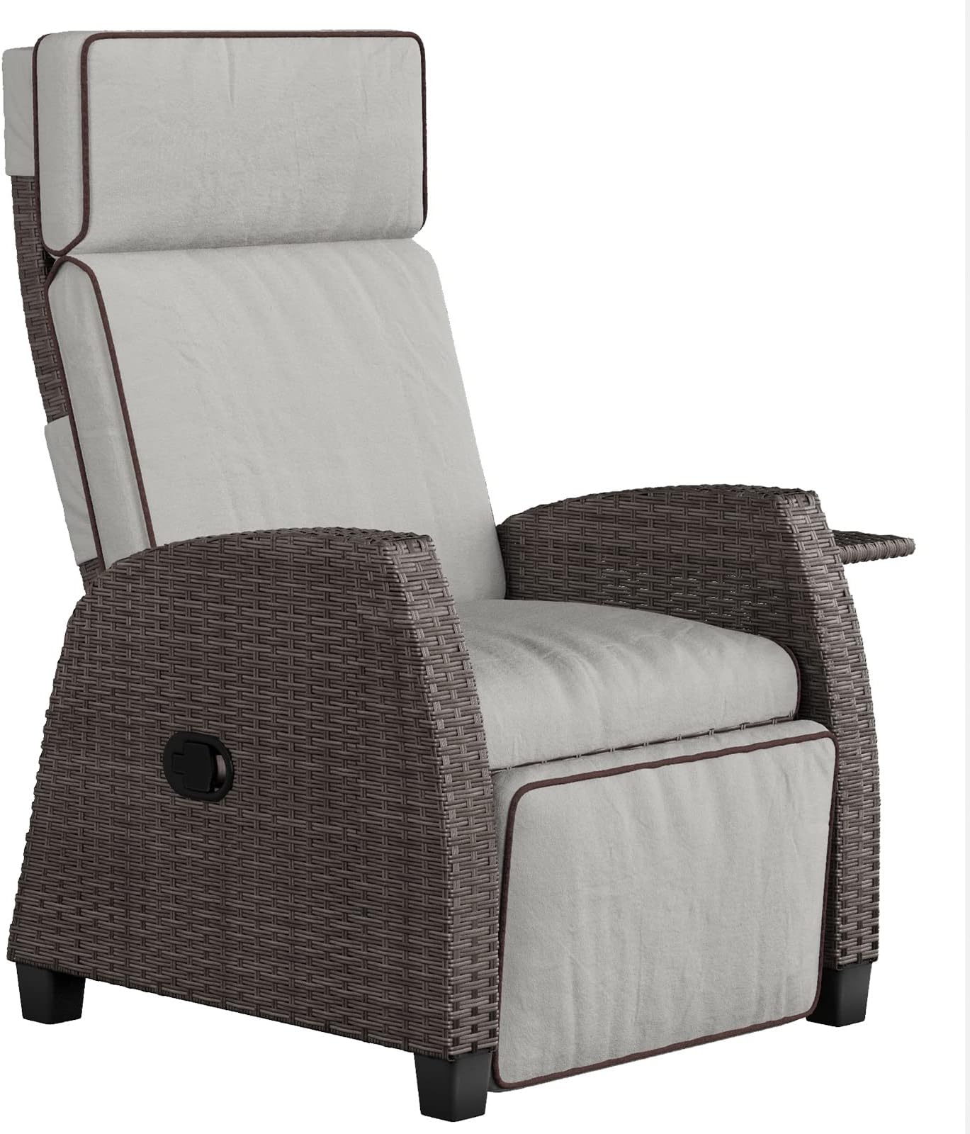 Grand patio Recliner PE Wicker, Adjustable Position Height Armchair with Flip Table and Cushion, Steel Frame, Lounge Chair for Indoor, Outdoor - Brown Wicker, Beige Cushion