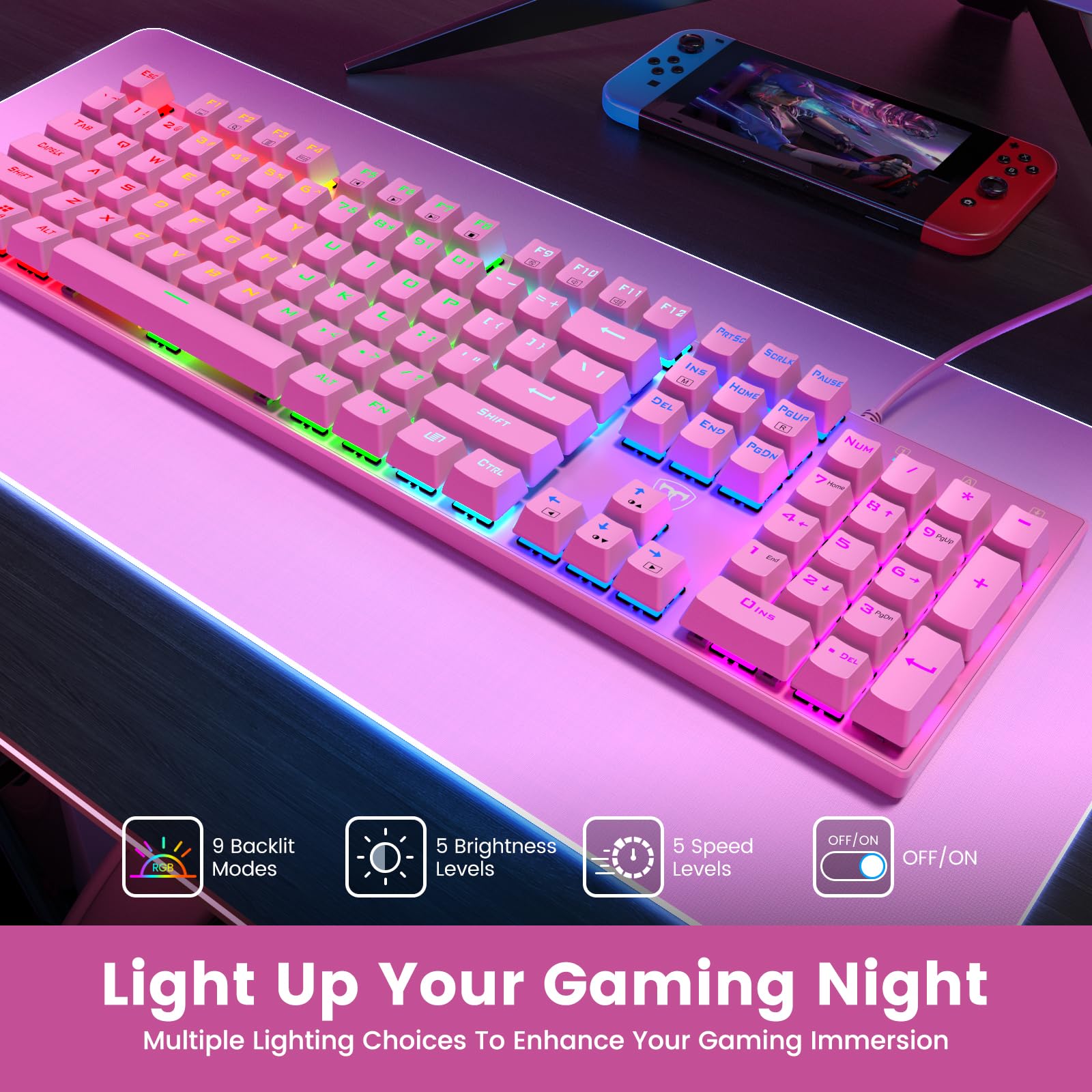 RisoPhy Tastiera meccanica da gioco, RGB 104 tasti ultra-sottile retroilluminata USB cablata tastiera con interruttore blu, tastiera in ABS resistente, anti-ghosting/resistente alle fuoriuscite, per