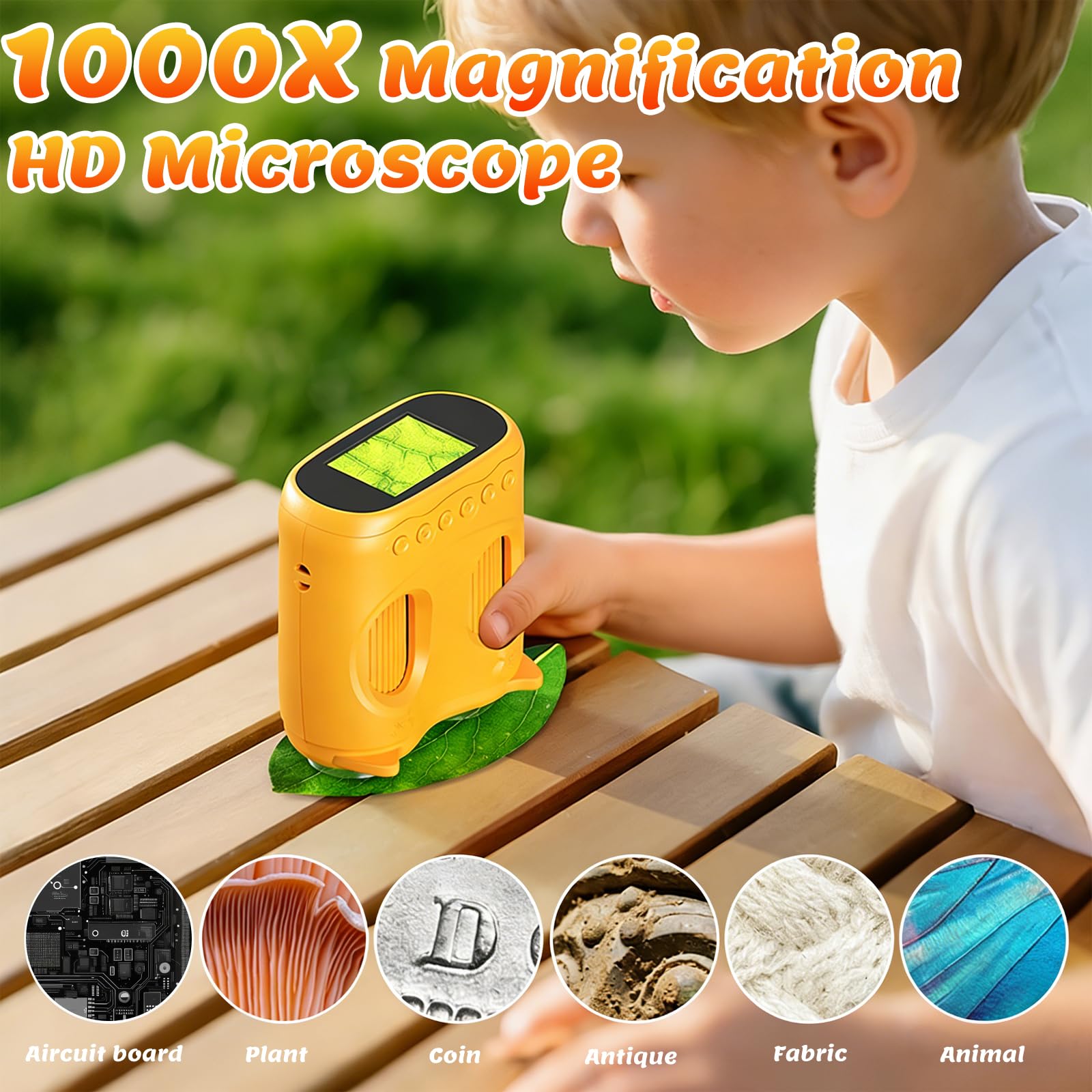 2 IN 1 Mikroskop und Taschenmikroskop für Kinder, 1000X Tragbares Digitales Mikroskop mit 2″ IPS Display & 8 LED, USB Taschenmikroskop mit 64G SD Karte, Geschenk für 3–12 Jährige