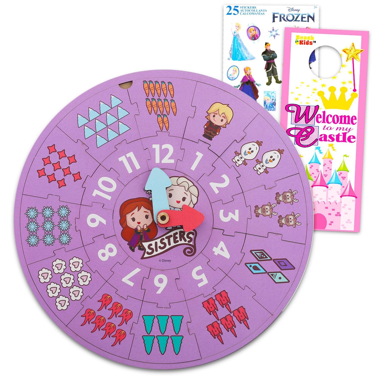 Disney Frozen Clock Puzzle Sorting Game for Toddlers, Girls - Learning Toy Bundle with Anna and Elsa Wooden Clock, Stickers, More | Disney Frozen Time Telling Teaching Wood Toys