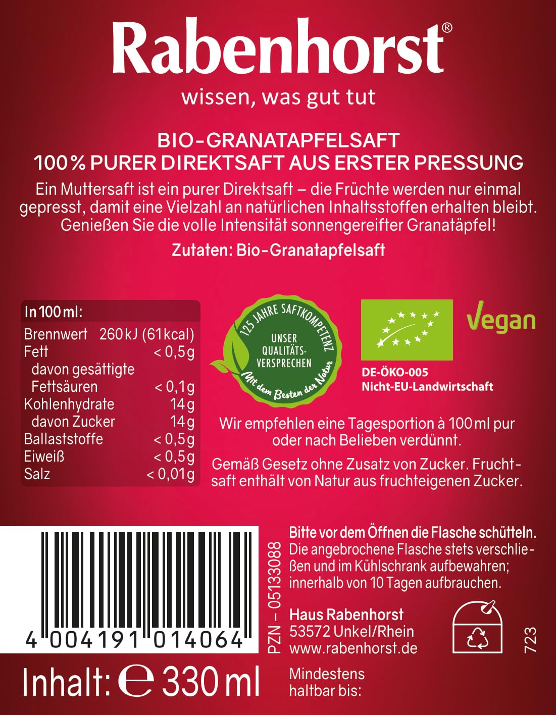 Rabenhorst Melograno Succo Madre BIO, 330 ml