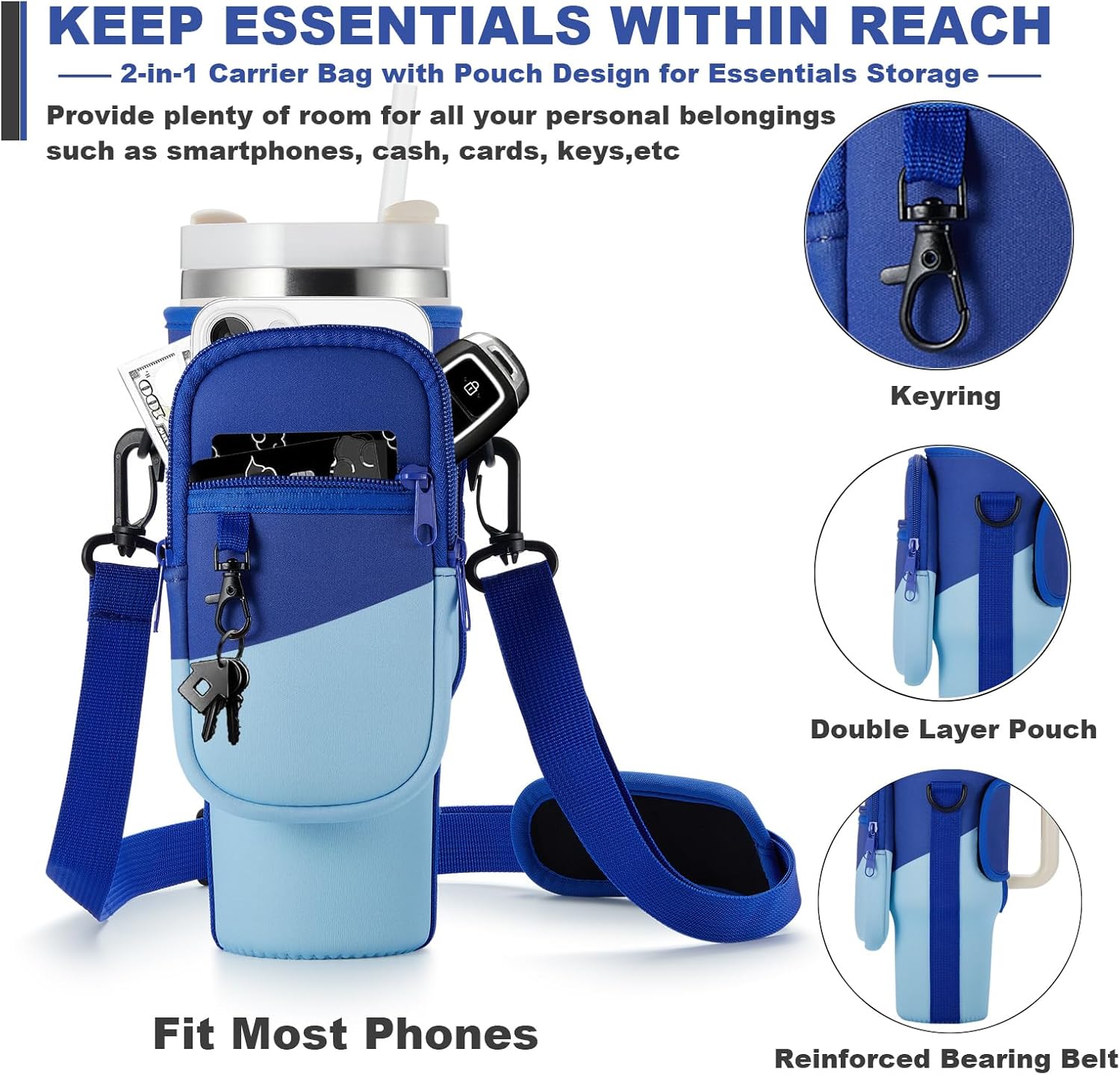 Water Bottle Carrier Bag with Phone Pocket for Stanley 40 & 30 oz Tumbler with Handle,Pink Insulated Neoprene Cup Holder Pouch w/Adjustable Strap for Quencher H2.0 Stanley Cup Accessories - Image 3