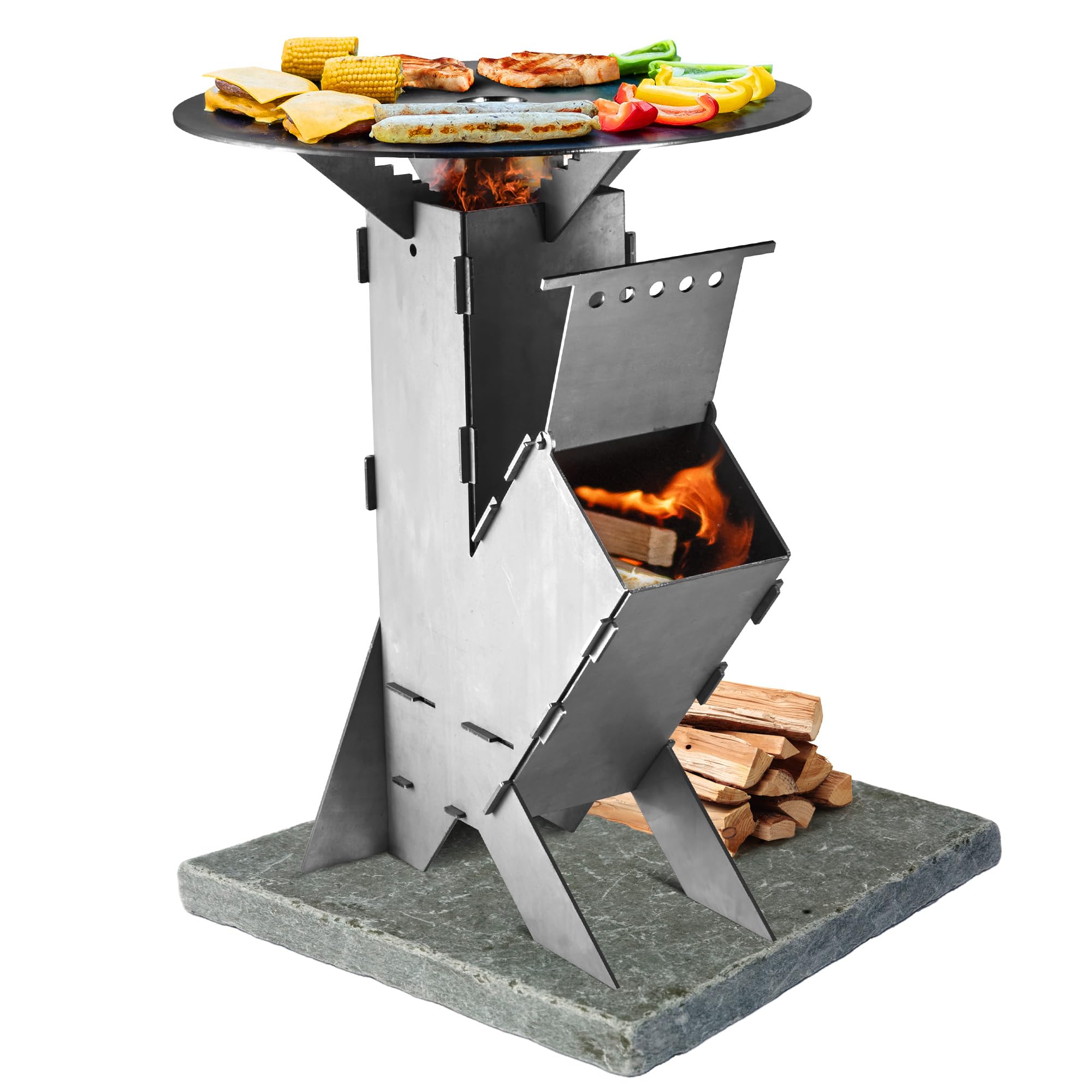 GRAFT Piecyk rakietowy wraz z płytą Rocket Stove wykonany z litej stali 3 mm | miska ogniowa | piec na pellet, drewno | kuchenka kempingowa | grill | kuchenka na drewno