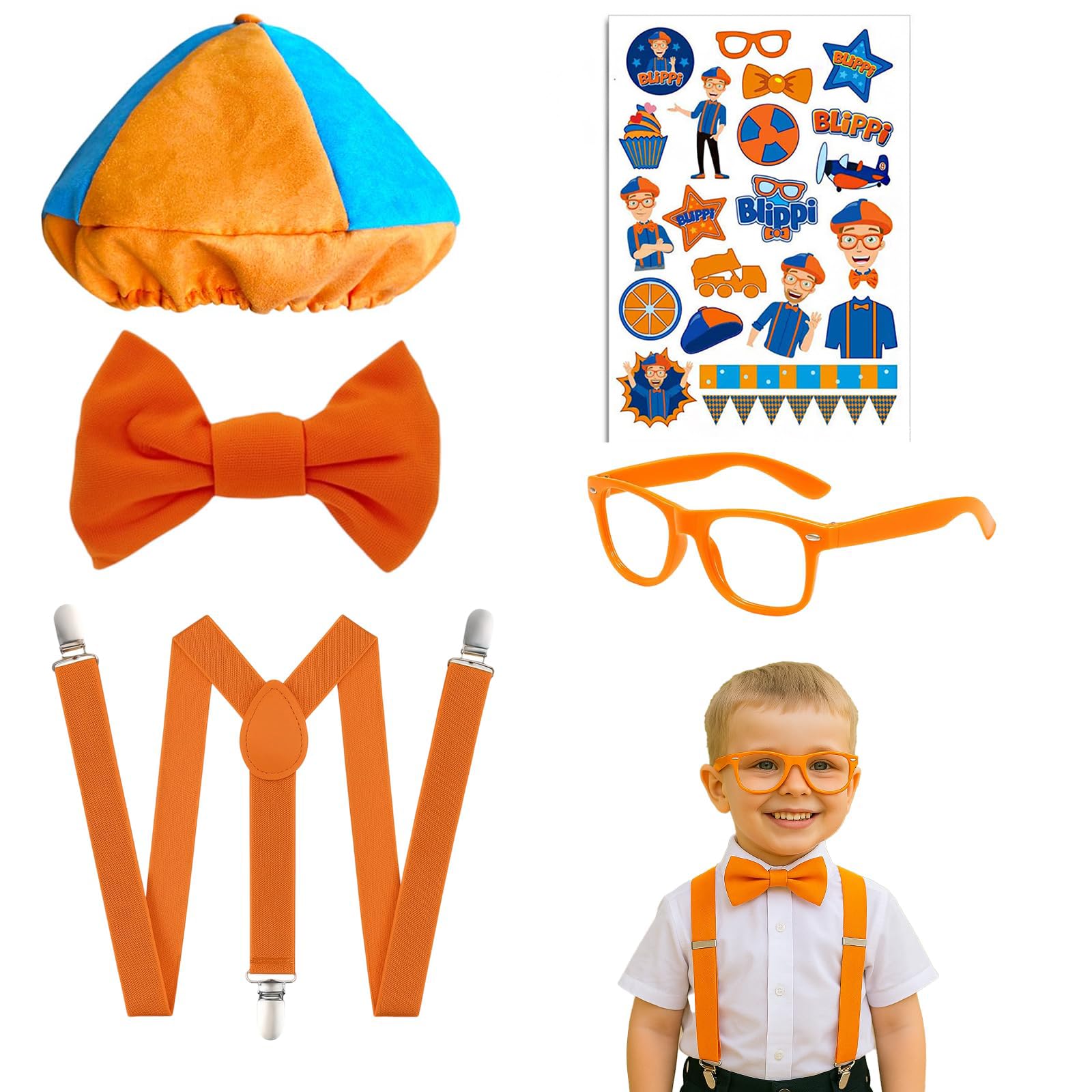 CBRPVT 5 Pcs Roleplay Costume Set, Blue, Orange Beret Hat, Orange Bow Tie & Suspenders, Framed No, Lens Bow Glasses, Sticker