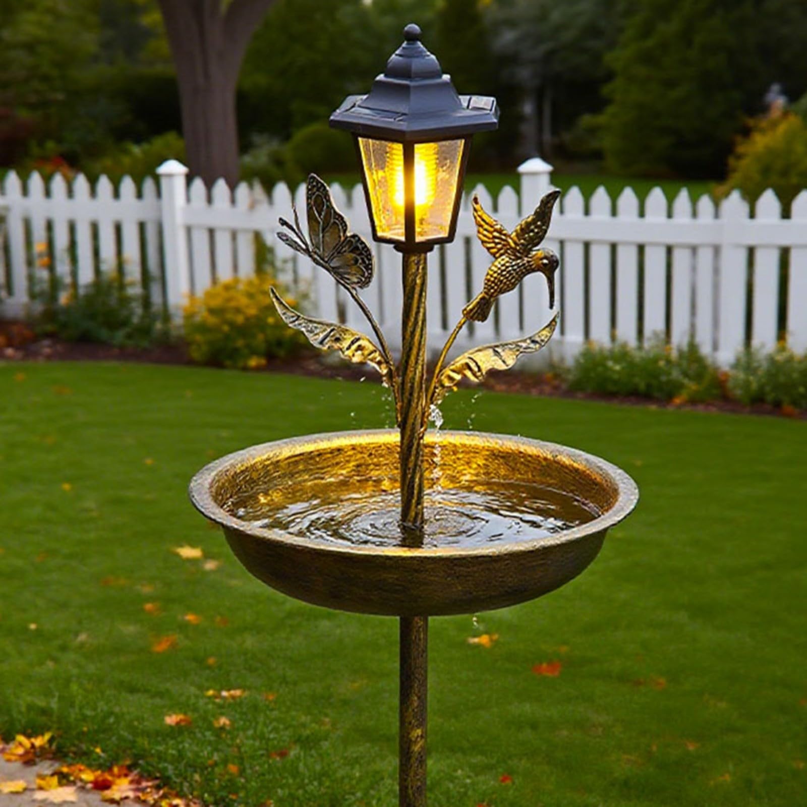 Mangiatoia solare in metallo per uccelli con luce integrata e vasca, resistente alle intemperie, decorazione da giardino per esterni, marrone, 105 cm (antico)