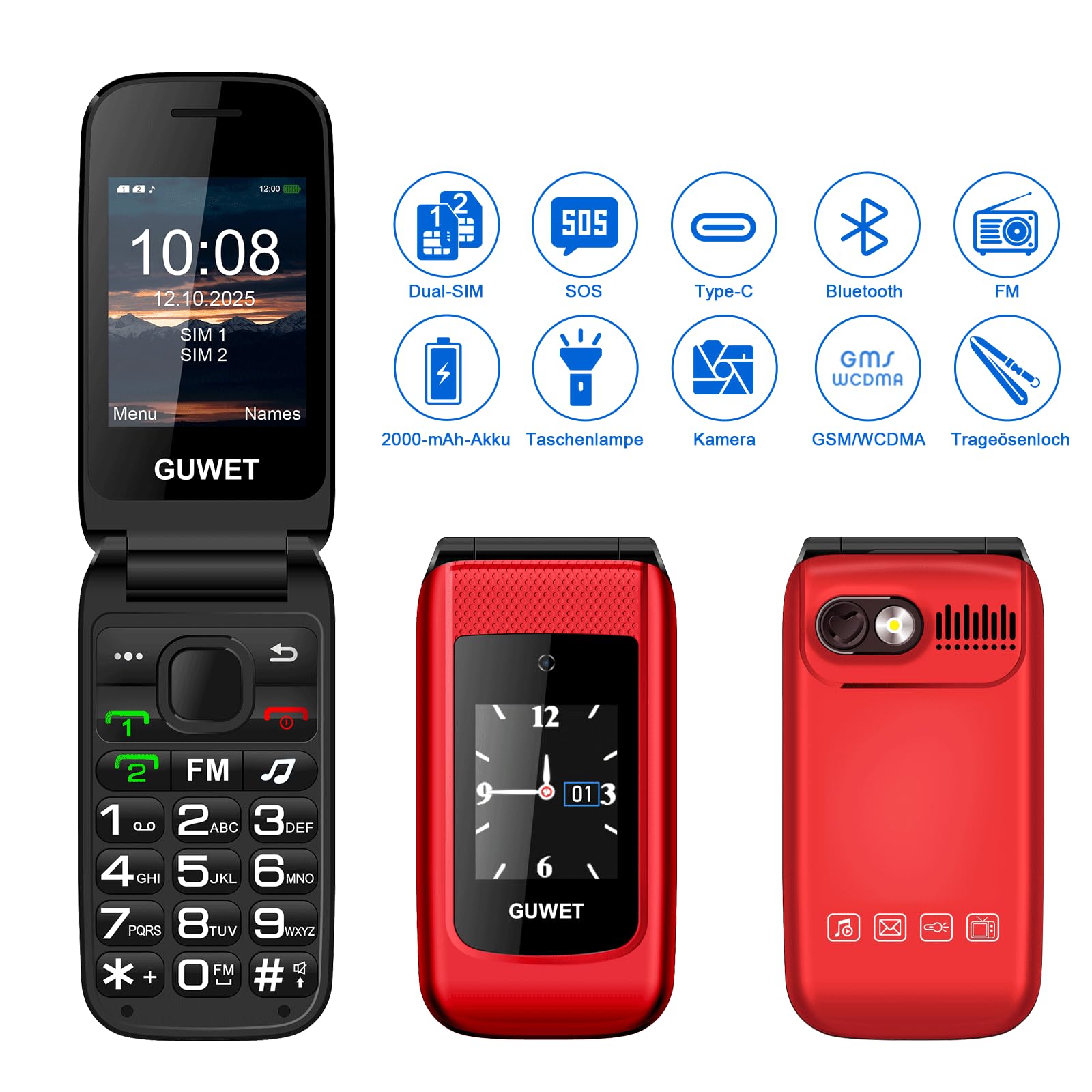 Seniorenhandy Klapphandy ohne Vertrag,Dual SIM 2G GSM mit SOS-Notruftaste,Rentner Handy Großen Tasten mit 1600mAh Akku,USB-C,2.4"+1.77" Dual Display,Rot