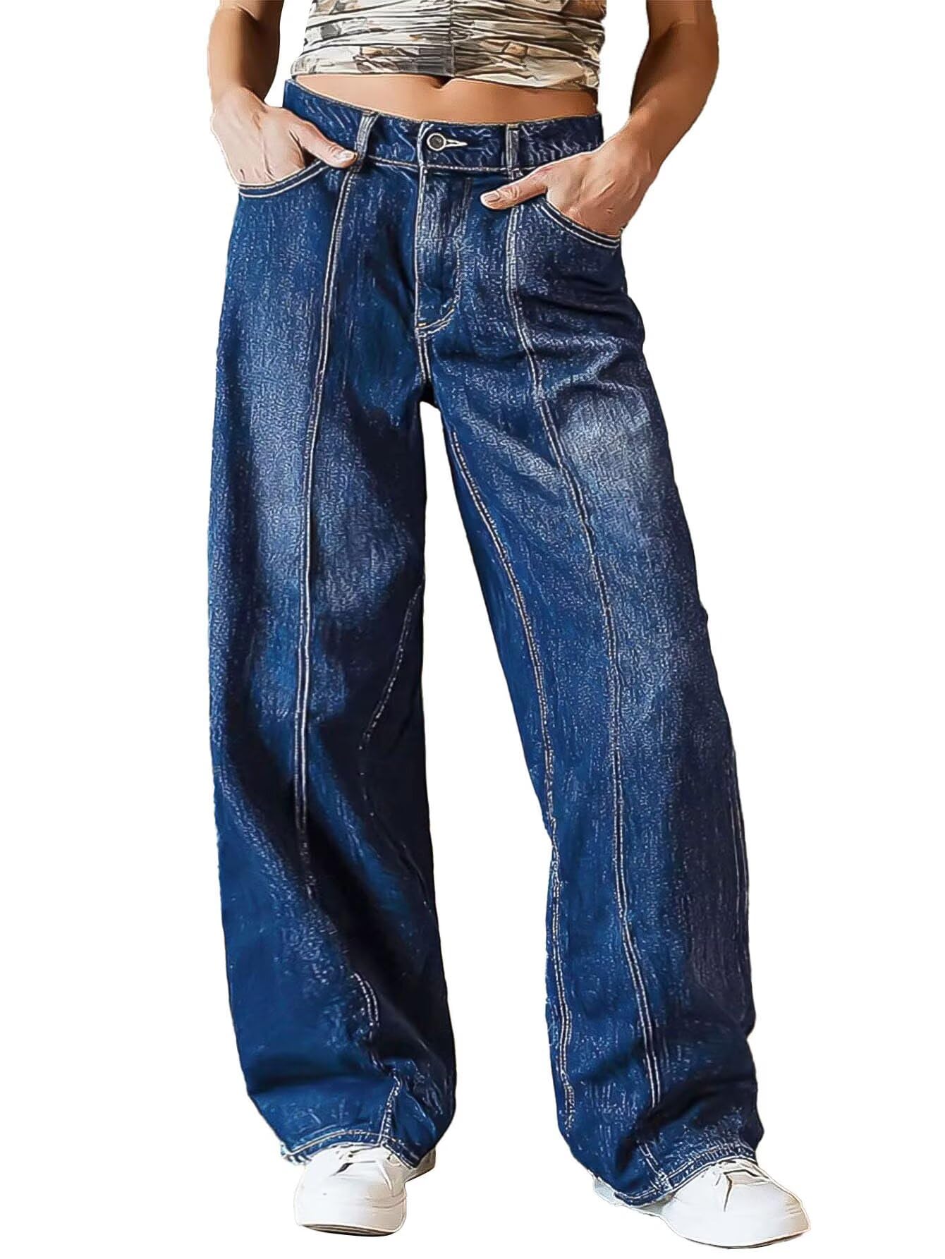 Flamingals Womens Mid Waist Straight Leg Jeans Baggy Stretchy Trendy Wash Seam Front Wide Leg Denim Jeans