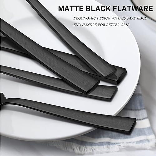 Miniatura 3 de LIANYU Juego de cubiertos de 65 piezas color negro mate con utensilios para servir, juego de cubiertos de acero inoxidable para 12, vajilla cuadrada