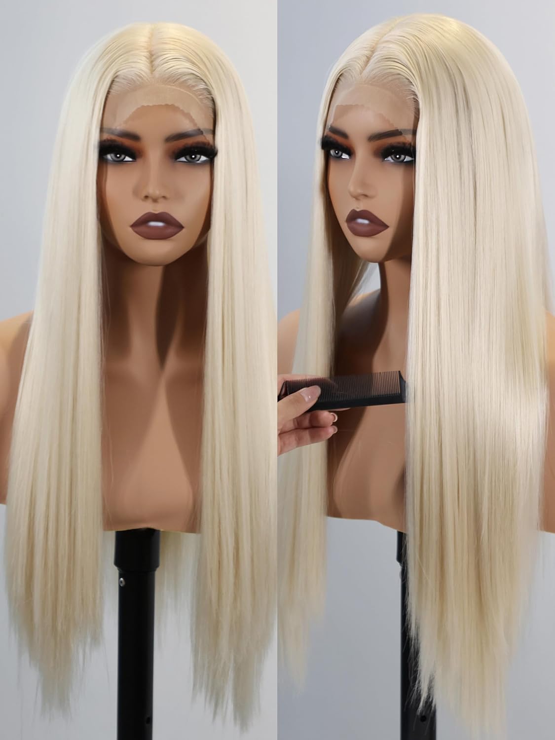 topshe 13x6 Blonde Lace Front Wig for Women, 24 Inch Long Straight HD Lace Synthetic Wig, 613 Blond Free Part Glueless Hair Replacement Wig for Daily Cosplay Use
