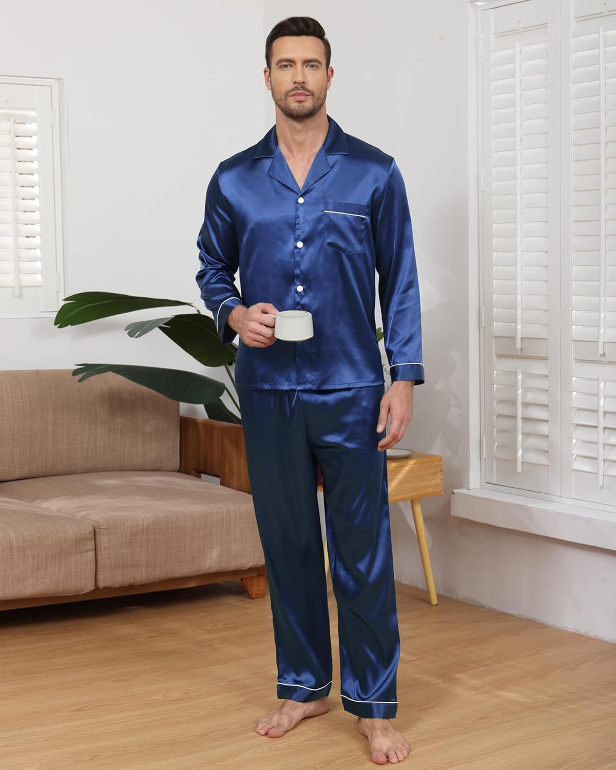 Mens Silk Pajama Set Satin Pajamas Set for Men Long Sleeve Button-Down Sleepwear Loungewear with Pants - Image 6