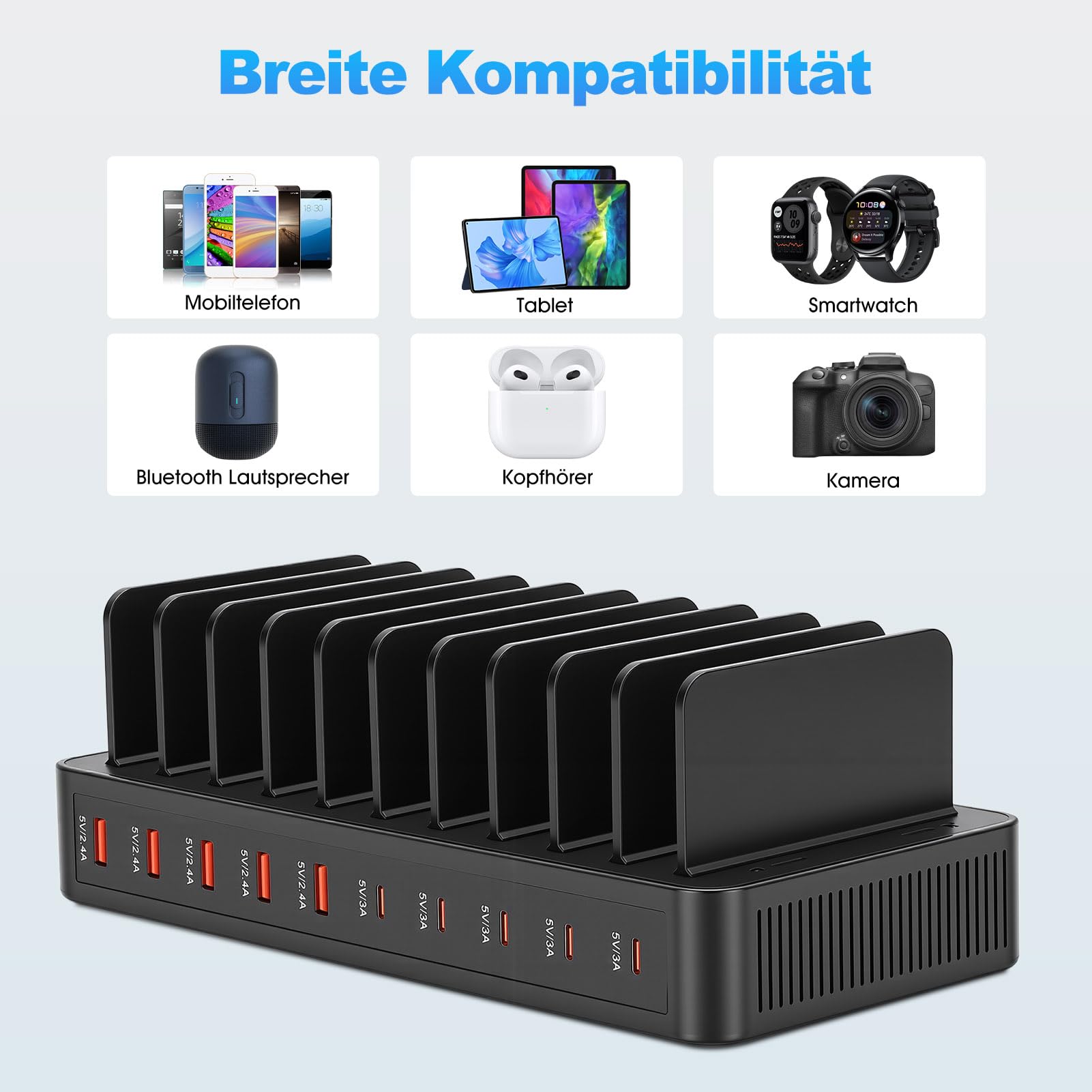 USB Ladestation Mehrere Geräte,10 Ports Ladegerät mit Trennwänden,Schwarz