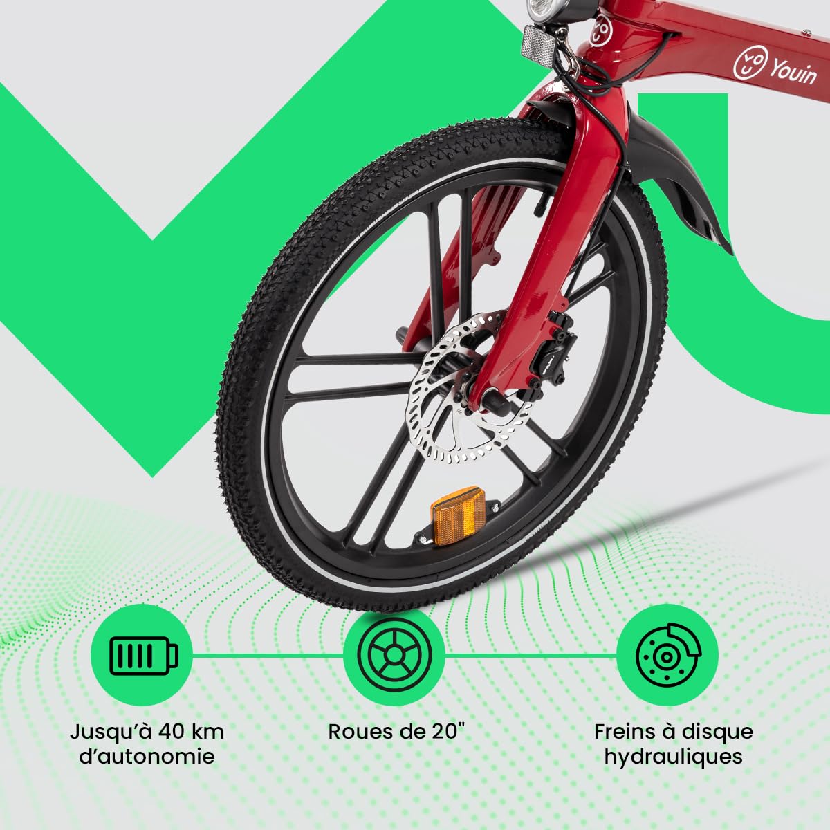 Youin Marbella Vélo électrique Pliant Urbain Rouge 20 Pouces Moteur 250W Batterie intégrée 36V autonomie 40 km Freins hydrauliques 7 Vitesses léger Compact.