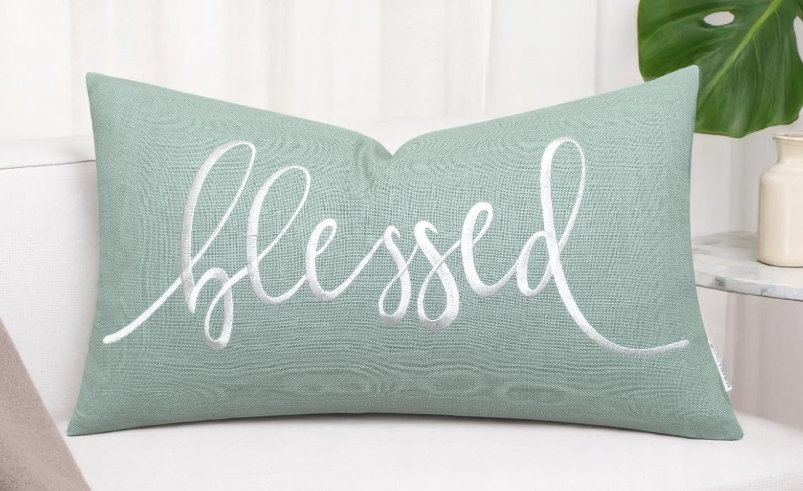 EURASIA DECOR Blessed 刺繍入り装飾腰部アクセントスローピローケース - 寝室、リビングルーム、カウチ、新しいホームデコレーション - 40.5x20インチ、ライトティール