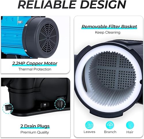 Miniatura 4 de Bomba de piscina interiorsobre el suelo, bomba de piscina autocebante potente de alto flujo, 2.2HP 6950 GPH 220V