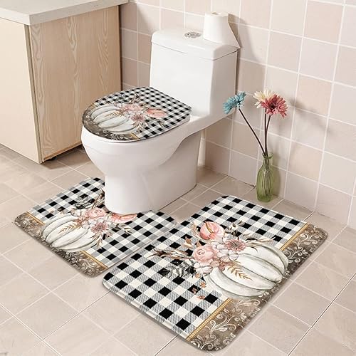 Bathroom Rugs Sets 3 Piece Bath Mat,Thanksgiving Pumpkin Classic Flower Soft Non-Slip Bath Rug Set,Absorbent Shower Rugs Toilet Seat Cover U-Shaped