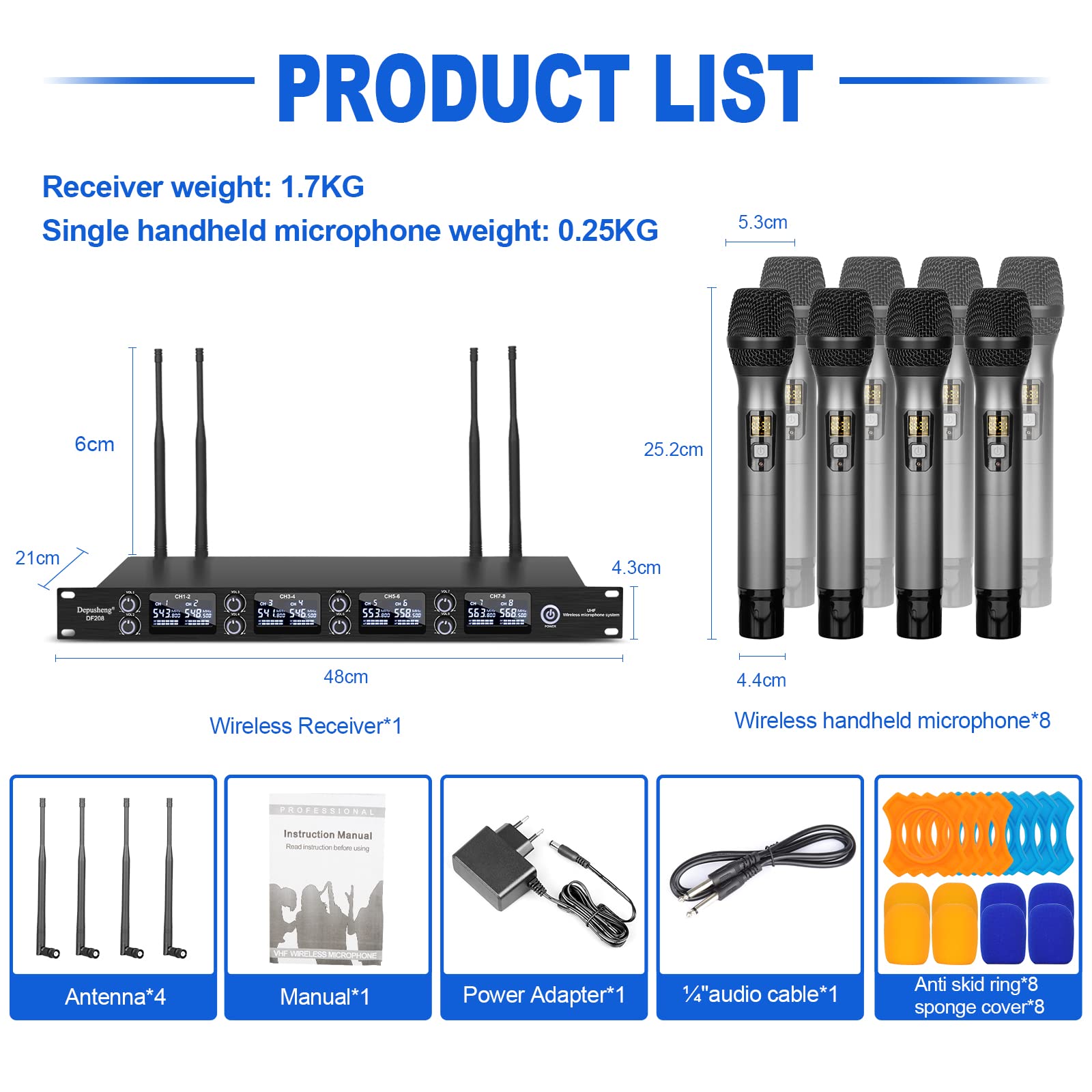 Depusheng DF208 UHF microfoni senza fili, sistema di microfono portatile dinamico professionale a 8 canali, alloggiamento in metallo, adatto per palcoscenico, conferenza