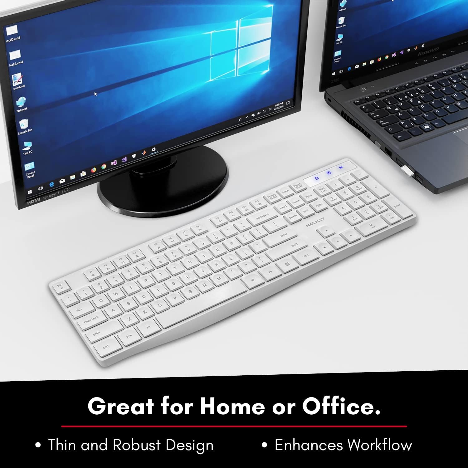 Macally 2.4G USB Wireless Keyboard for Laptop or Computer - Keep it Simple - Full Size Keyboard with Numeric Keypad & 13 Shortcut Keys - Plug and Play PC Keyboard Wireless - White Keyboard Cordless