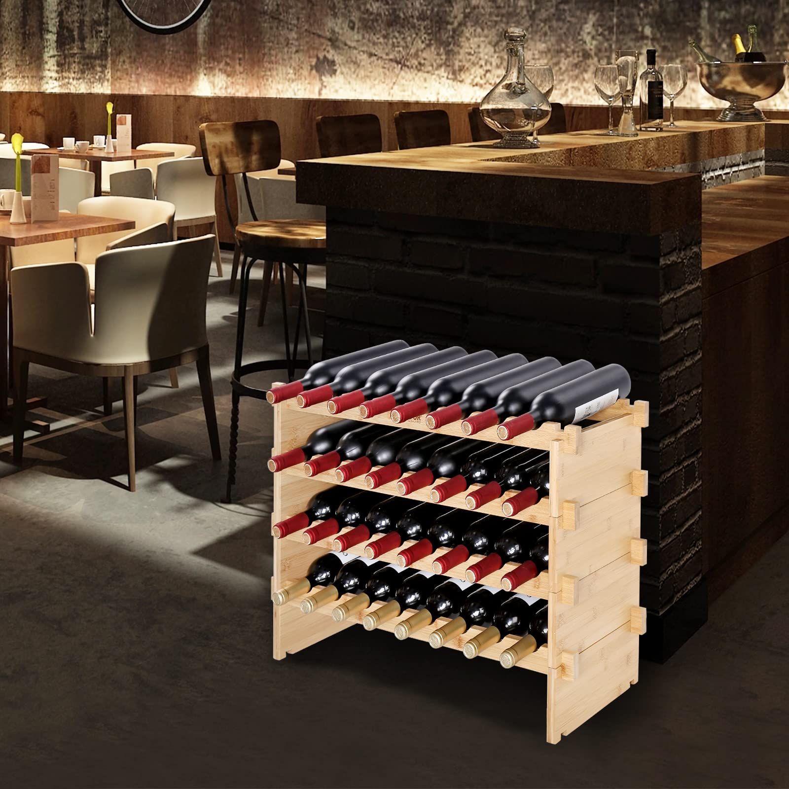 VEVOR Portabottiglie per Vino in Legno di Bambù Impilabile 6 Ripiani Capacità Max. 48 Bottiglie, Cantinetta Portabottiglie 6 Piani da Terra per Vino Materiale Legno Bambù Struttura Modulare Fai-da-te