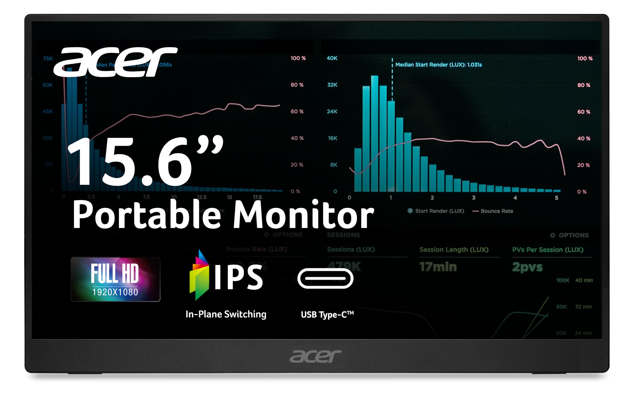 Acer Portable Monitor | 15.6" FHD IPS | Adaptive-Sync Support (FreeSync Compatible) | Slim Design | External Monitor for Laptop PC/Mac | 2 x USB 3.1