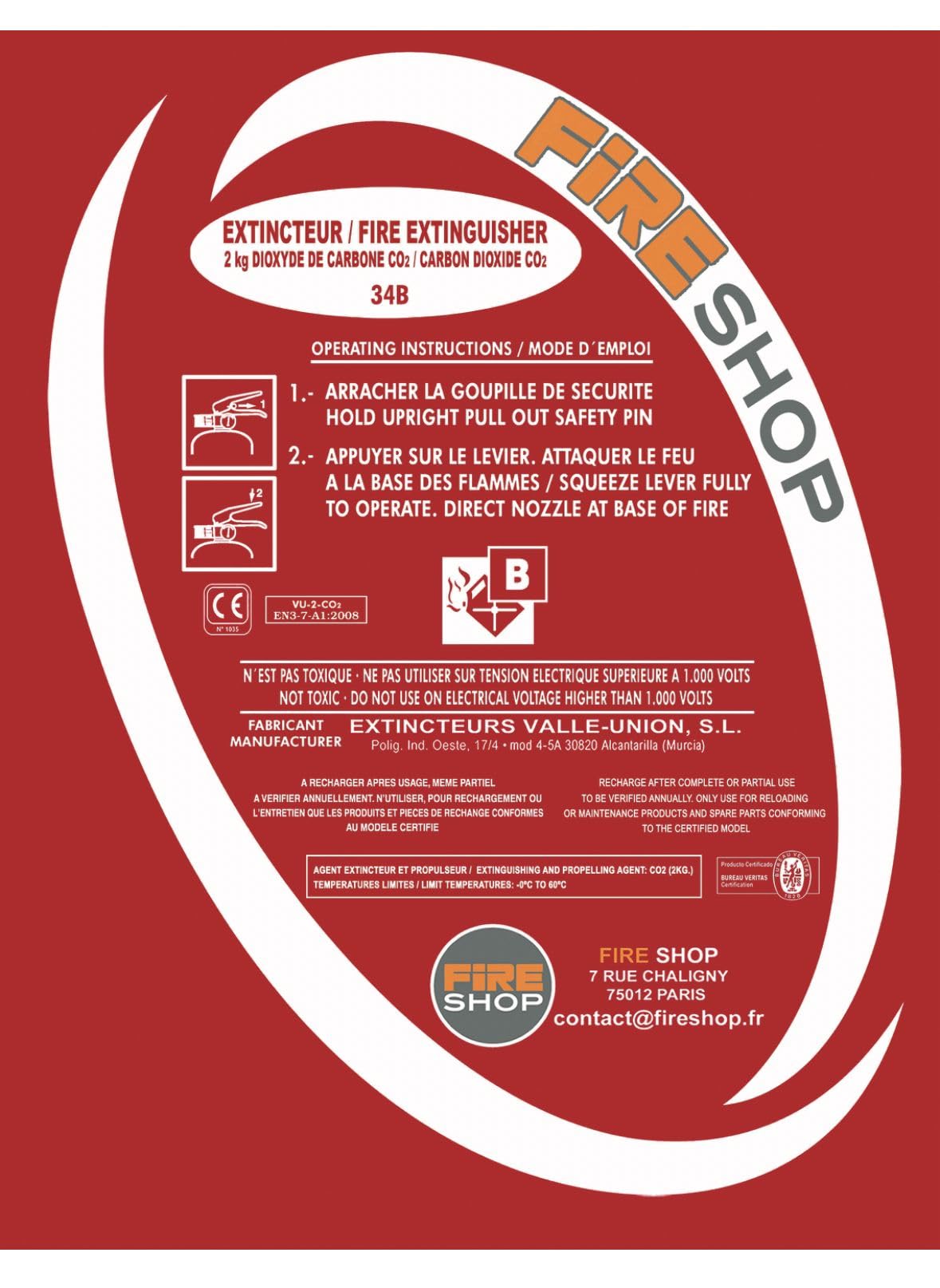 Extincteur CO2 capacité 2 Kg avec Support de Fixation Norme CE Europe