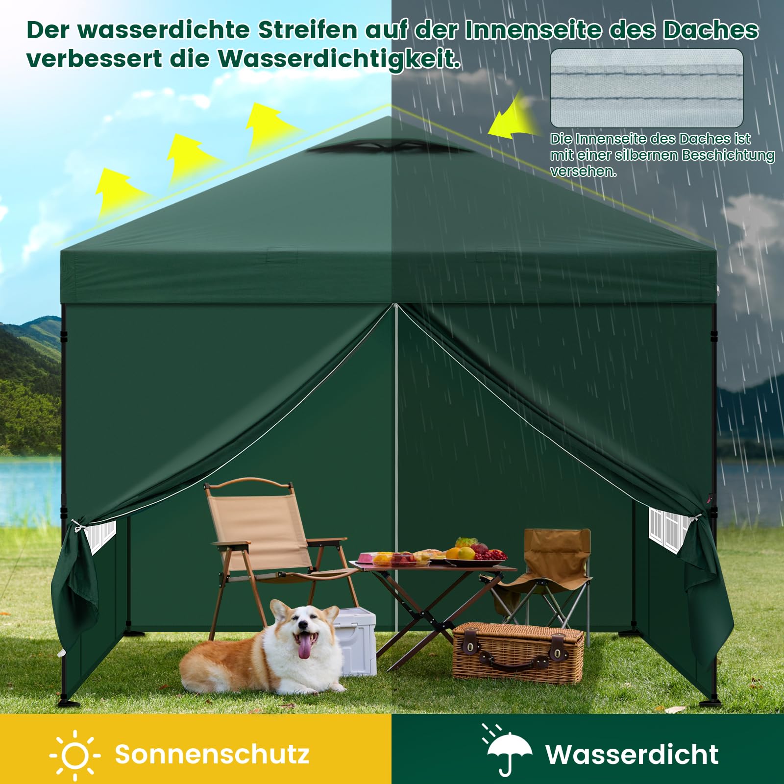 Laneetal Pavillon 3x3 m, Faltpavillon mit Seitenwänden, wasserfest stabil Winterfest, Outdoor Gartenpavillon, Partyzelt Gartenzelt, höhenverstellbar, UV Schutz, Metallrahmen,Grün