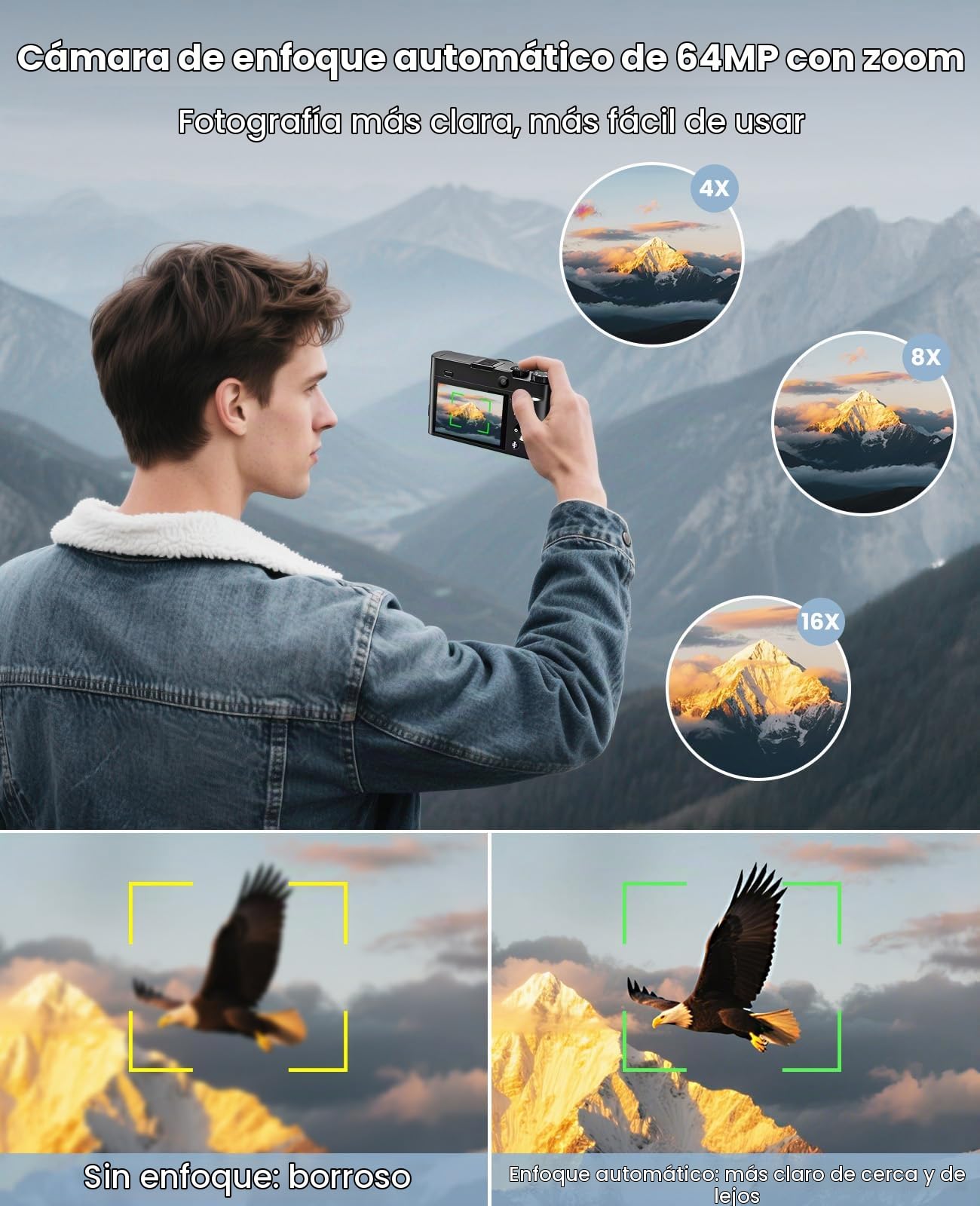 Cámara Digital 4K de 64 MP con Enfoque automático, cámara de vlogging compacta para Fotos y Selfies, con Pantalla LCD de 3 Pulgadas, Zoom de 16x, estabilización de Imagen y Flash, Incluye Tarjeta de