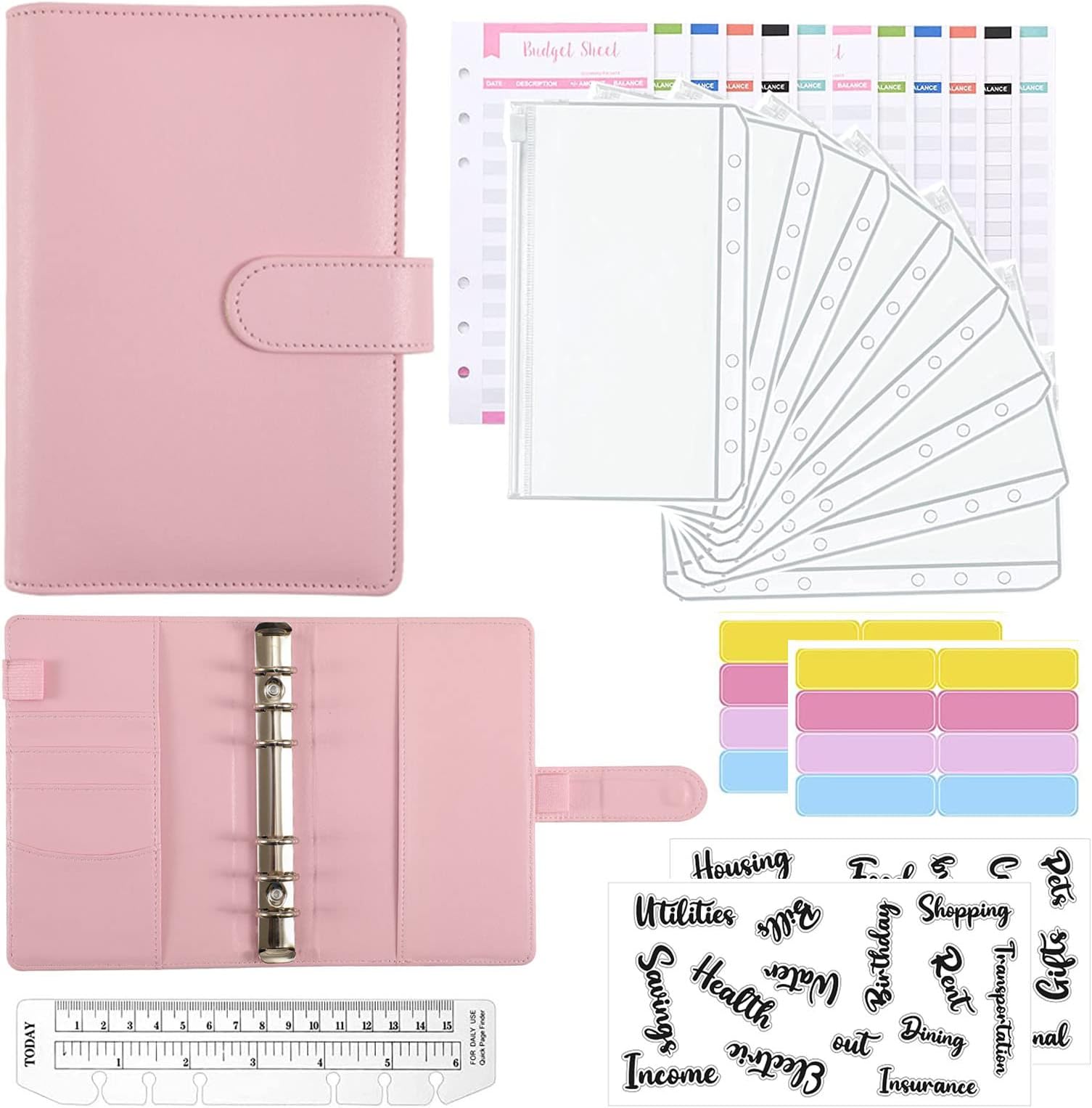 HASTHIP® Budget Binder, A6 Leather Binder Budget, with Envelopes Budget Sheets, Label Stickers and 1 Ruler Stationery Supplies, Money Saving Binder for Budgeting (Pink)