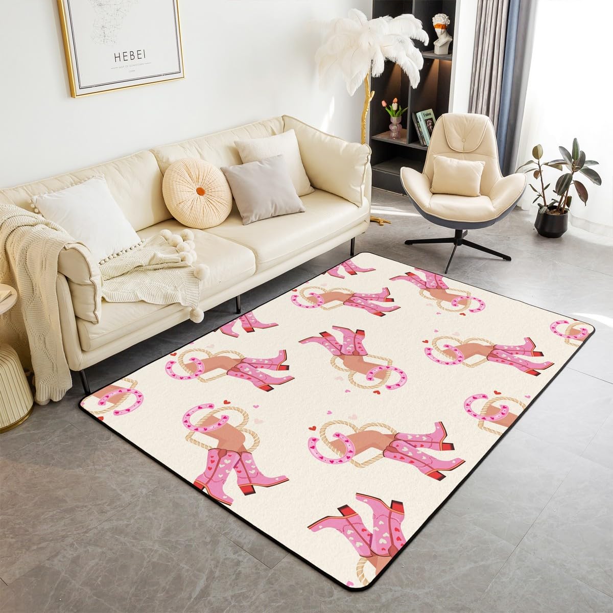 Tapis rose cowgirl Manfei 1,5x1,8m pour chambre d'enfant avec motif bottes et fer à cheval